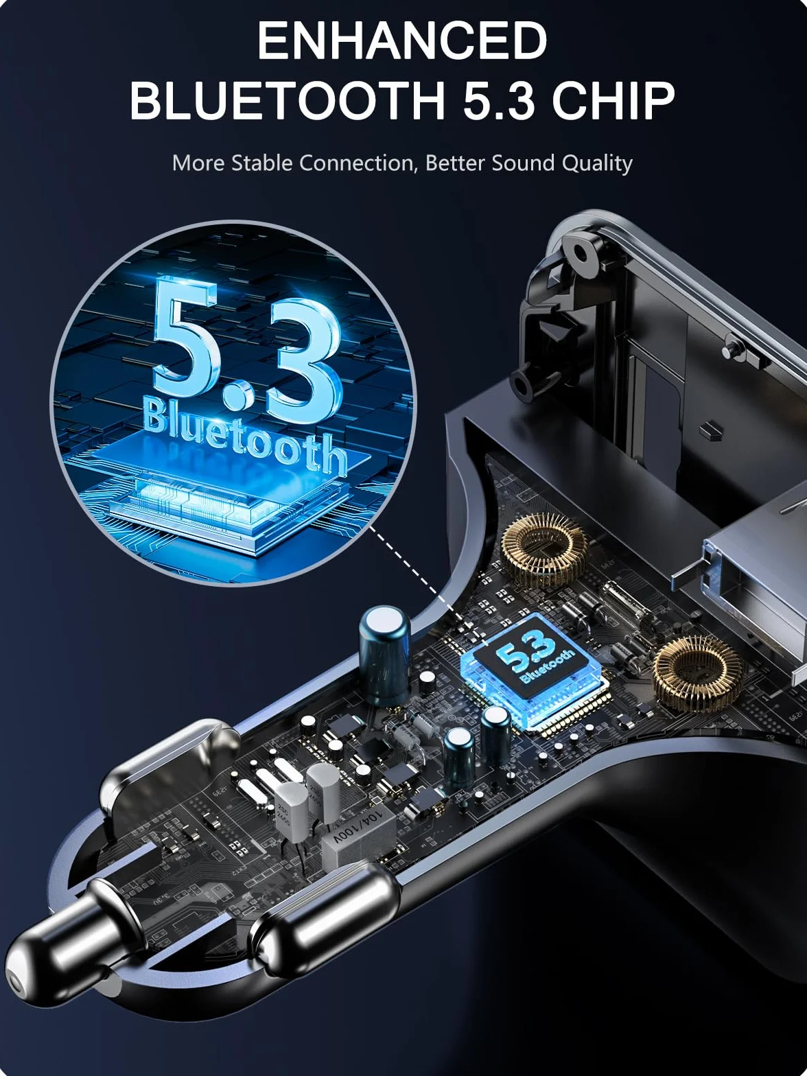 LENCENT Transmisor FM Bluetooth 5.3 para Coche, Reproductor Música con Sonido de Agudos y Graves Ajustable, Adaptador Radio Carga Rápida PD 20W y QC 3.0, Llamadas Manos Libres, Siri Google Assistante