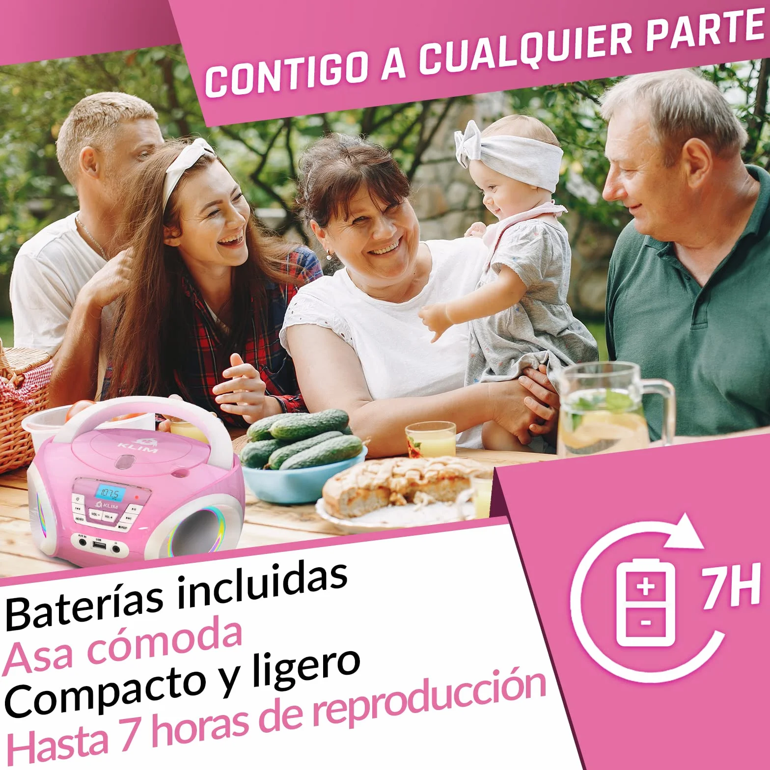 KLIM Candy Reproductor de CD para niños Radio FM Baterías Incluidas USB AUX Rosa