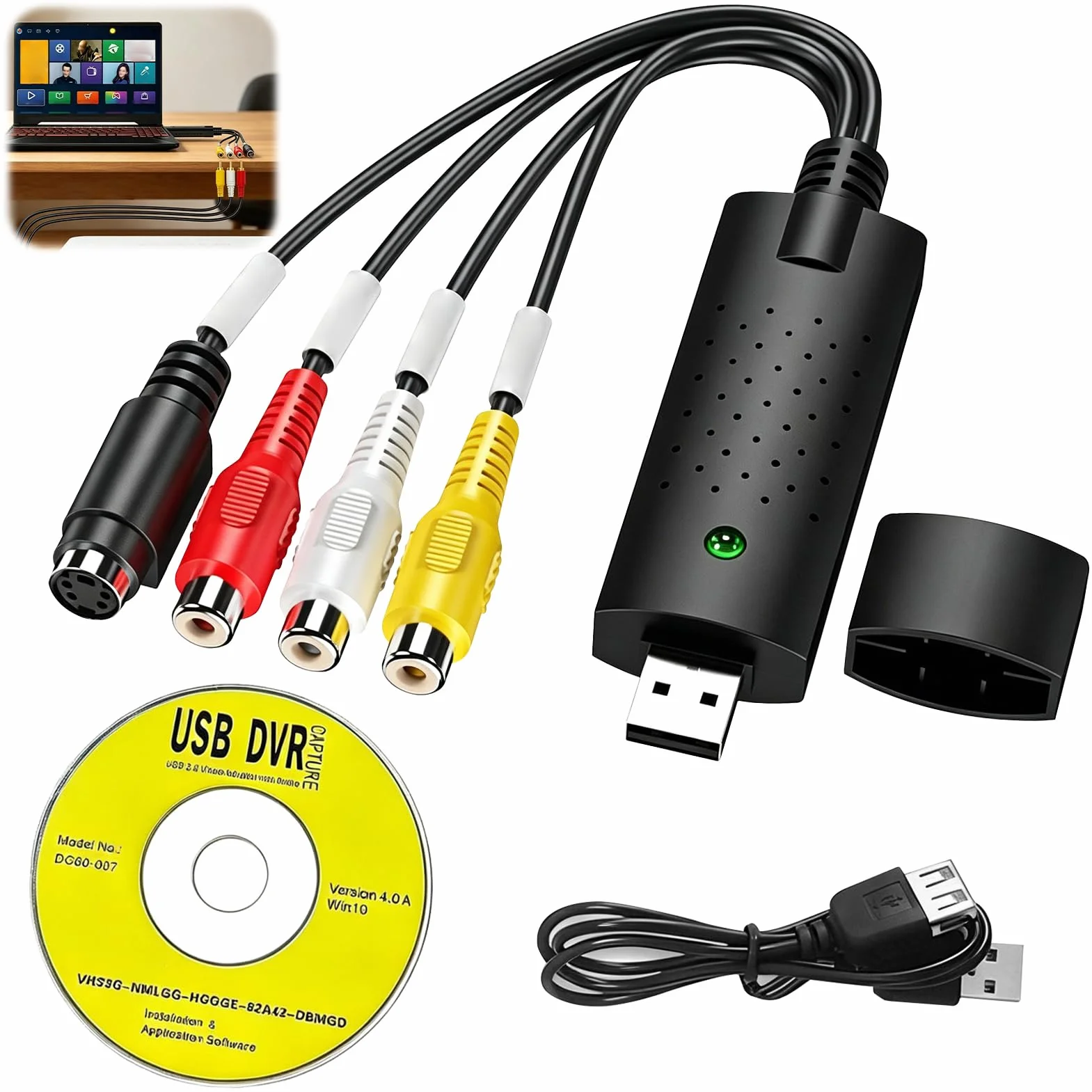 Convertidor VHS a Digital RCA Capturadora de Video y Audio USB Convertidor para VHS VCR TV DVD Analog zu Digital Video Konverter para Windows 11 10 8 7 Mac XP Vista Negro