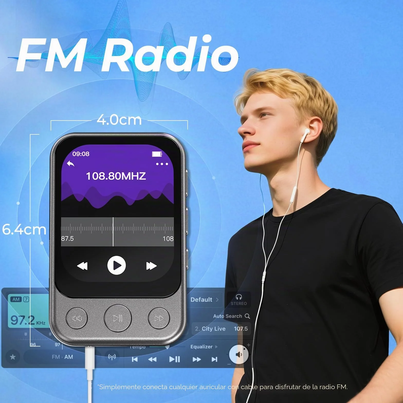 64GB Reproductor MP3 Bluetooth 5.3 con Clip y Altavoz, Reproductor de Música Deportivo con Pantalla Táctil y Botones, Control de Volumen Independiente, Radio FM, Ampliable hasta 128GB