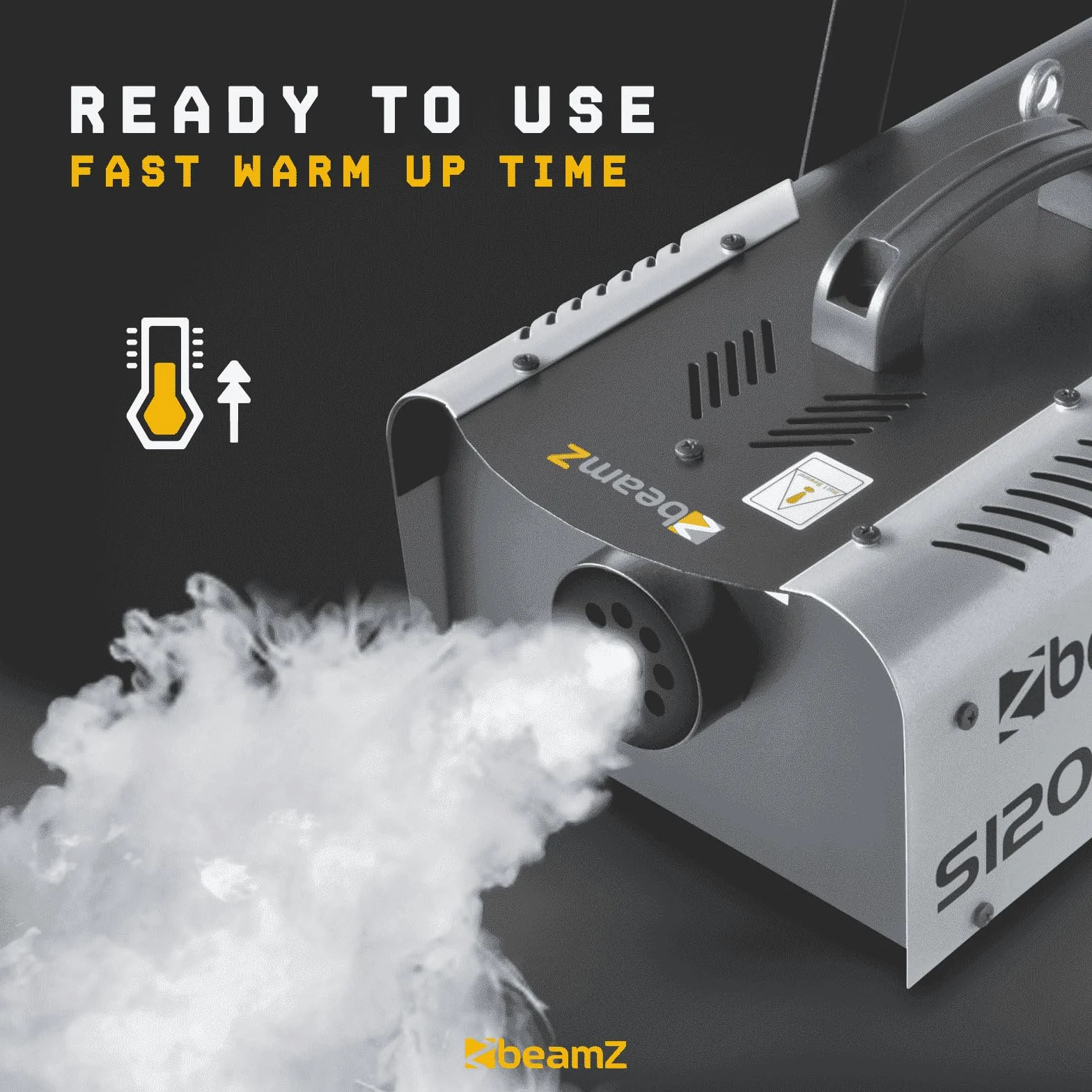 BeamZ S1200 MKII máquina de humo de 1200W, con tanque de 900ml. salida de 215m3 de humo por minuto, control remoto con cable de 3 metros con programador, sólida y fácil de transportar
