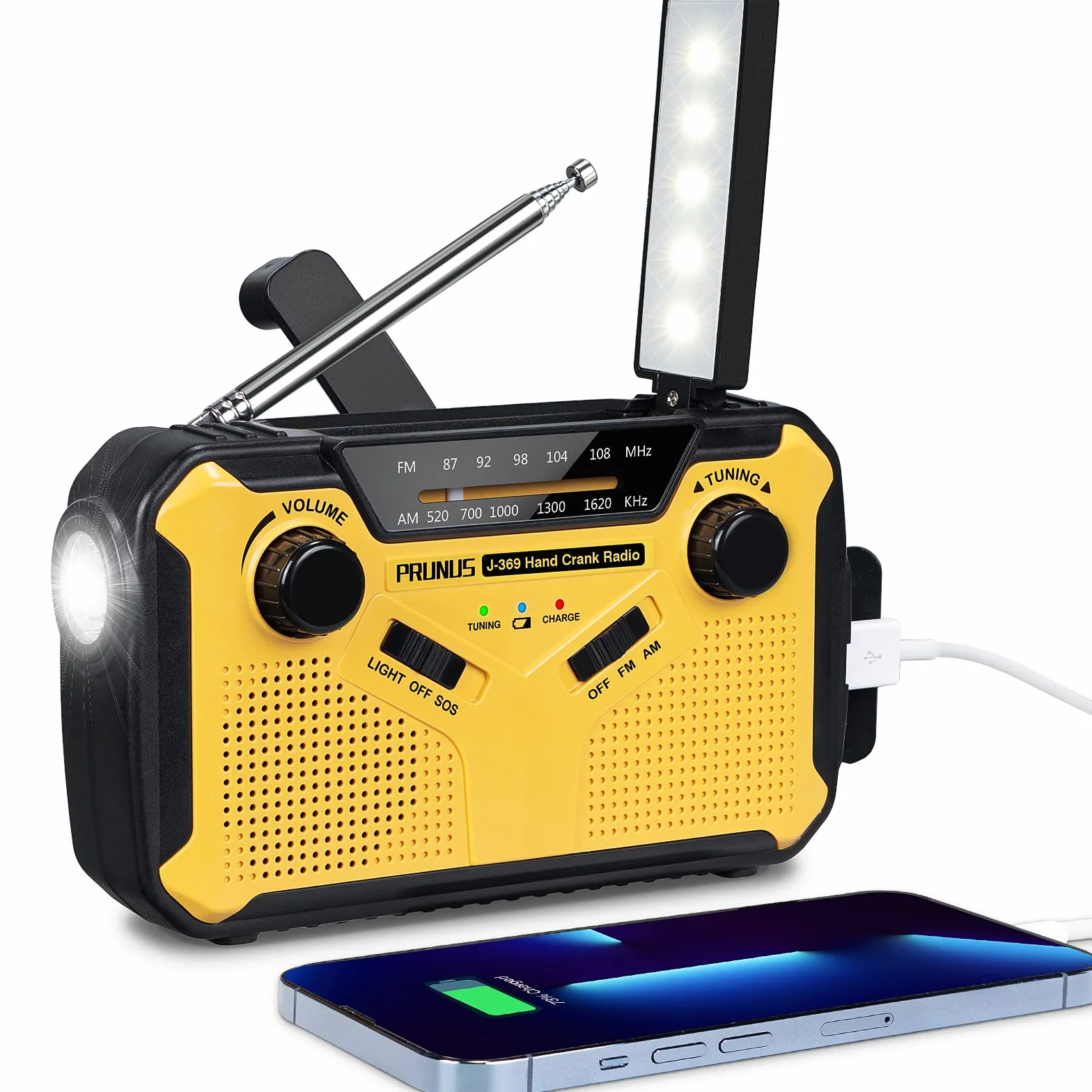 PRUNUS J-369 Radio Solar y a Pilas, Radios Emergencia con Manivela, Am FM Radio Portatil Pequeña Recargable con Banco de Energía de 3000 mAh, Lámpara Lectura, Linterna, SOS.