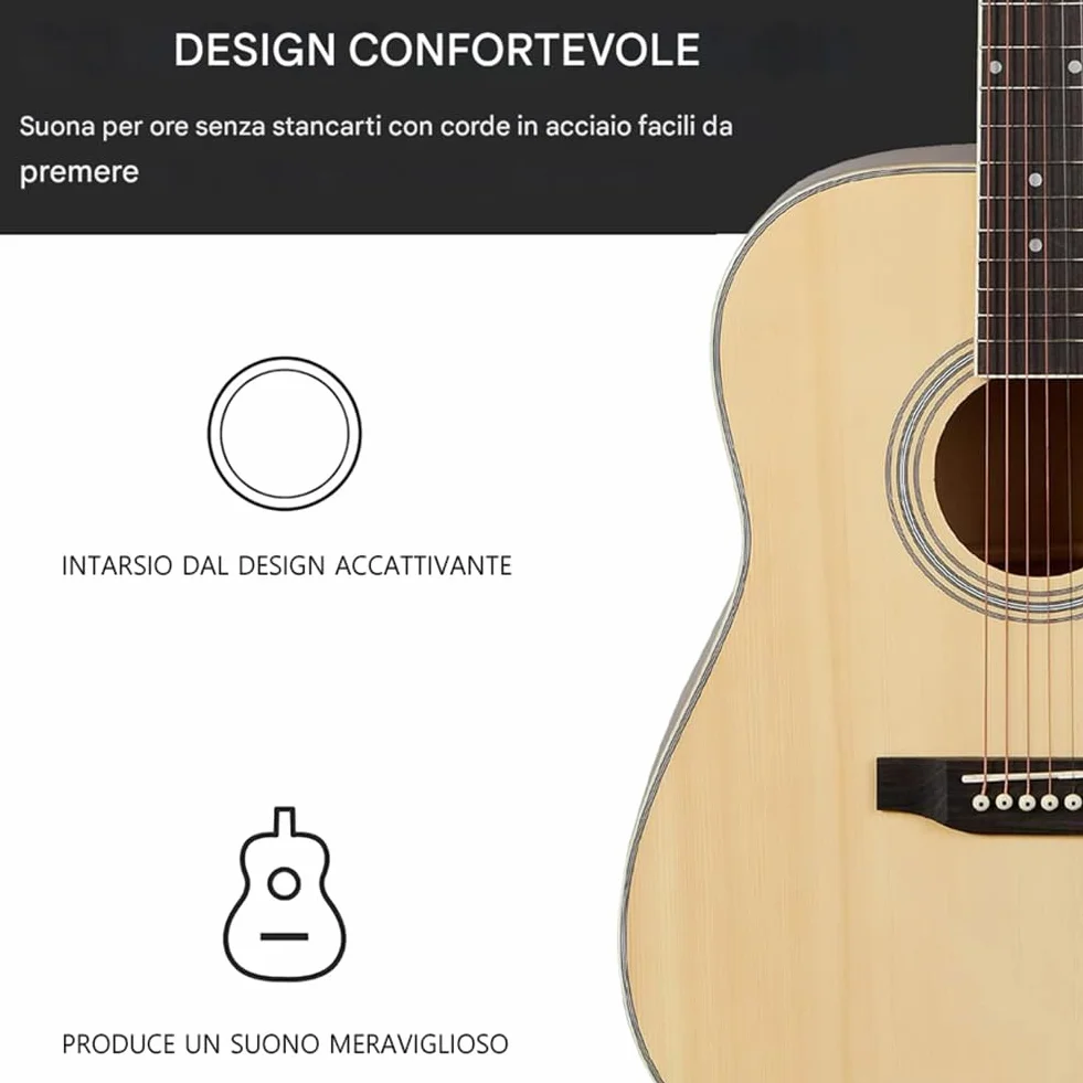 BAKAJI Guitarra electroacústica de 41 pulgadas con funda, kit de repuesto de cuerdas, púas, cable para amplificador y correa, guitarra folk con forma de cutaway para adultos y principiantes (natural)