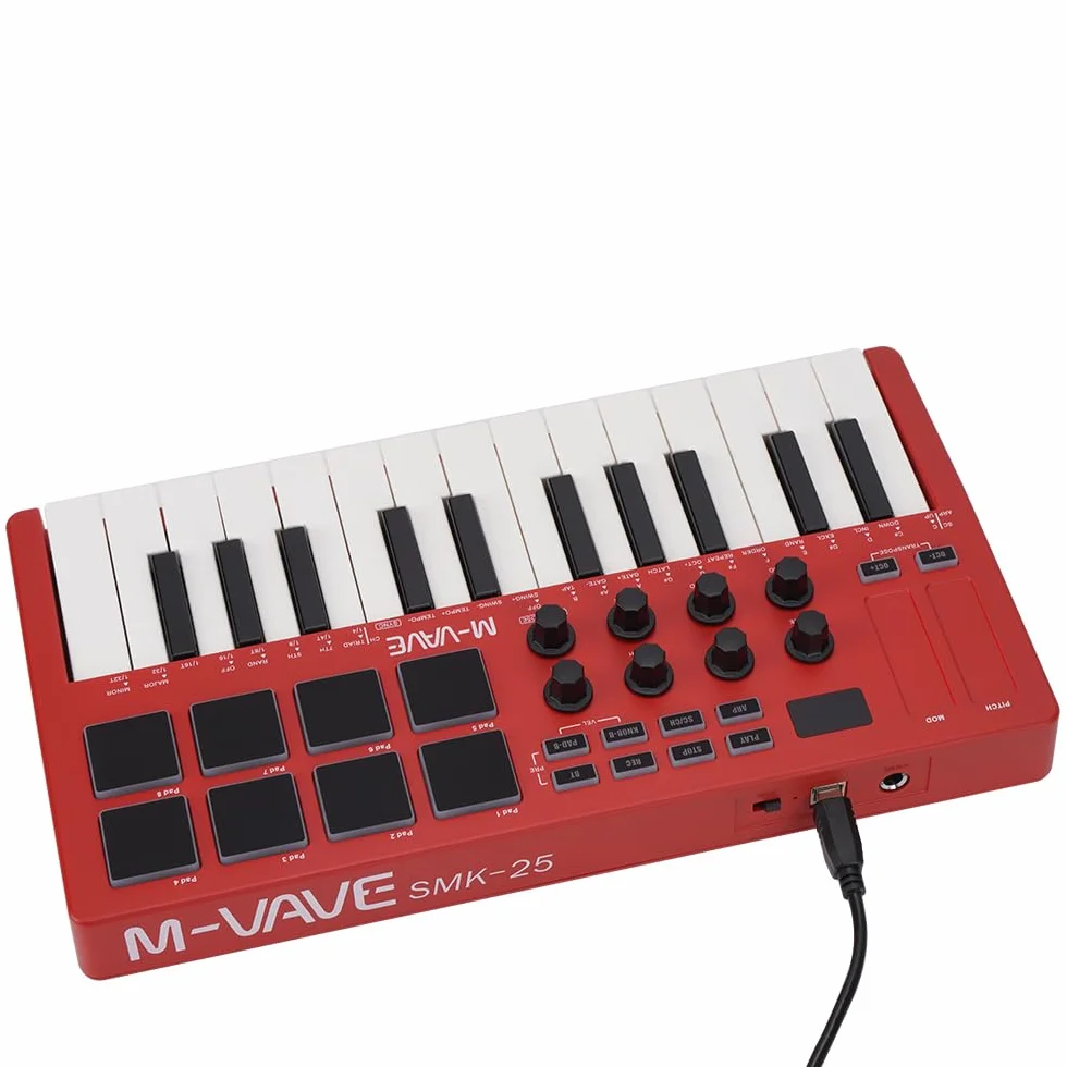 M-VAVE SMK-25RD - Teclado Controlador MIDI USB de 25 Teclas con 8 Pads de Batería Retroiluminados, Bluetooth, 8 Teclas, Teclas Dinámicas Profesionales, Rojo