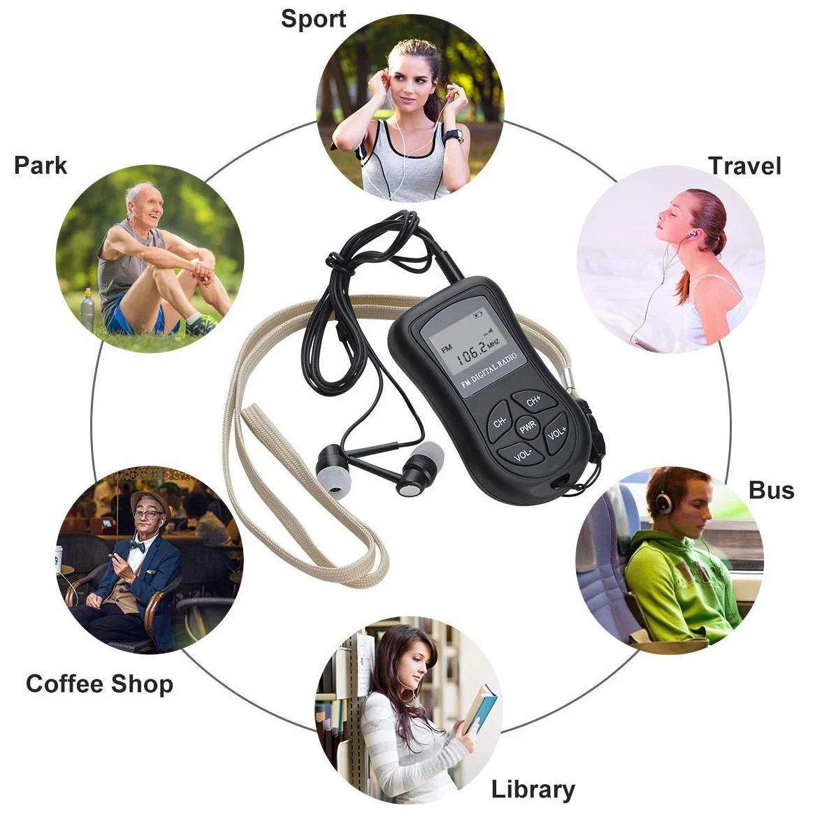 Radio COVVY FM Portátil Mini 60-108MHz Estéreo DSP Pantalla LCD Auricular