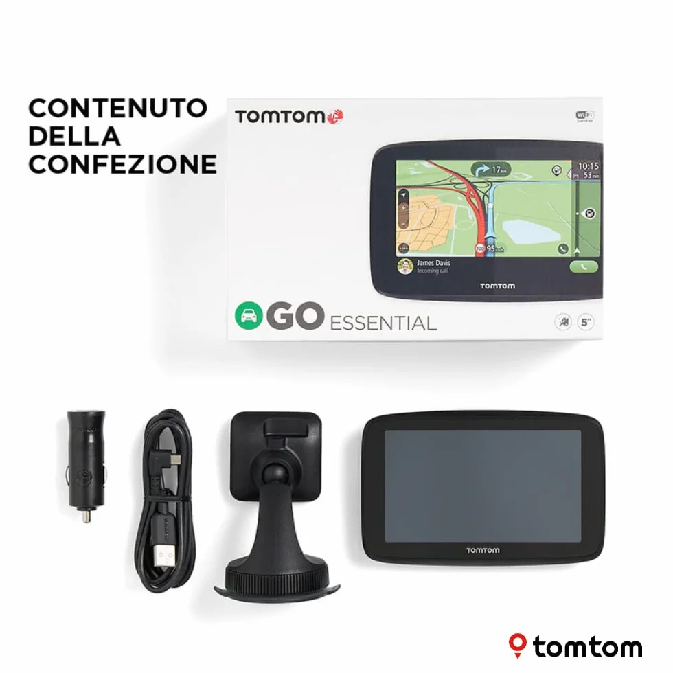 TomTom GO Essential GPS para Coche – 5 Pulgadas, Evita los Atascos Gracias a TomTom Traffic, actualizaciones de mapas y ajustes vía Wi-Fi, Soporte Click-Drive (Reacondicionado)