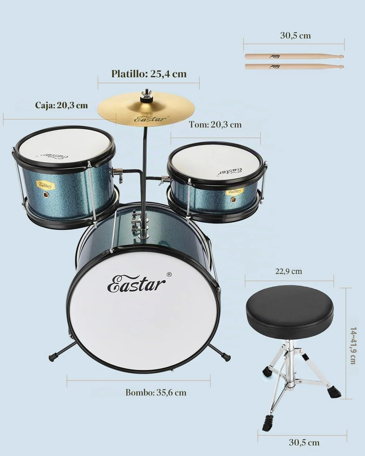 Eastar Batería Junior de 3 Piezas 14 Pulgadas, Juego de Batería para Niños con Trono, Platillo, Pedal y Baquetas, Cielo Azul EDS-180SB