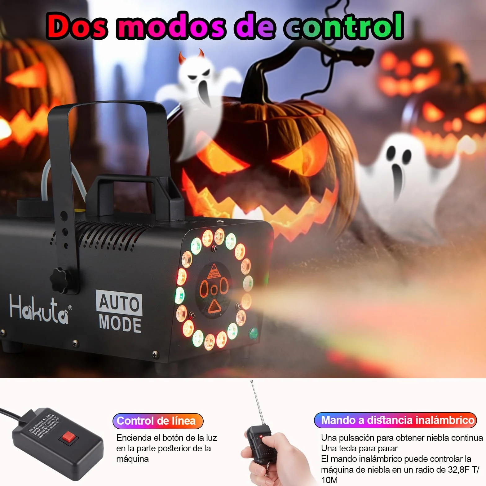 Hakuta Máquina de Niebla con 18 Luces LED, Mando a Distancia, Función Automática - Efecto Humo para Fiestas, Eventos en Interiores, Decoración Hogar (Negro)