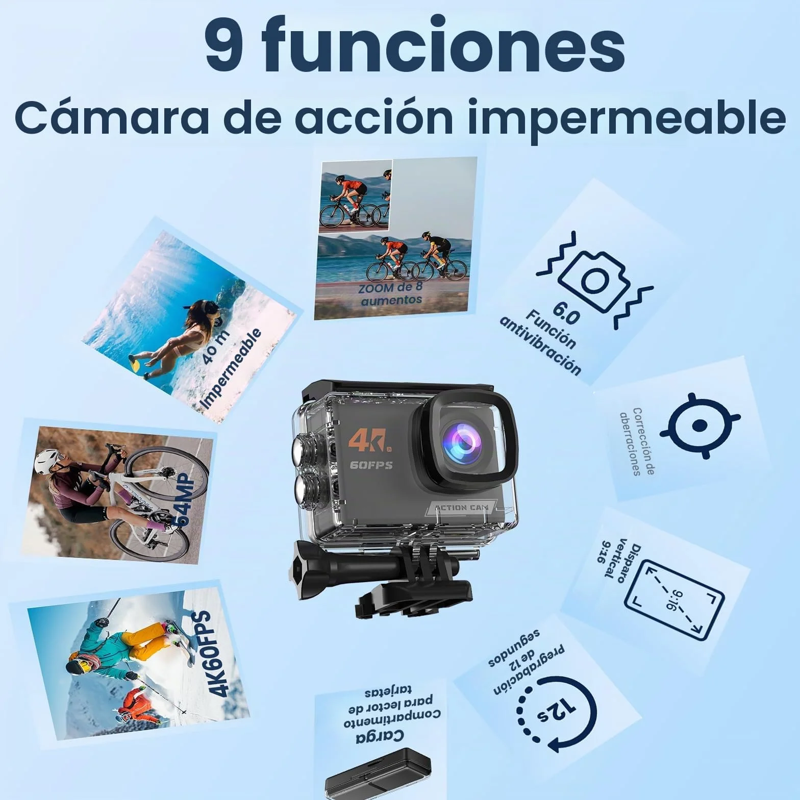 Cámara Deportiva 4K 60FPS WiFi EIS Antivibración 48MP Subacuática 40M 8X Zoom 64GB 2 Baterías 1350mAh