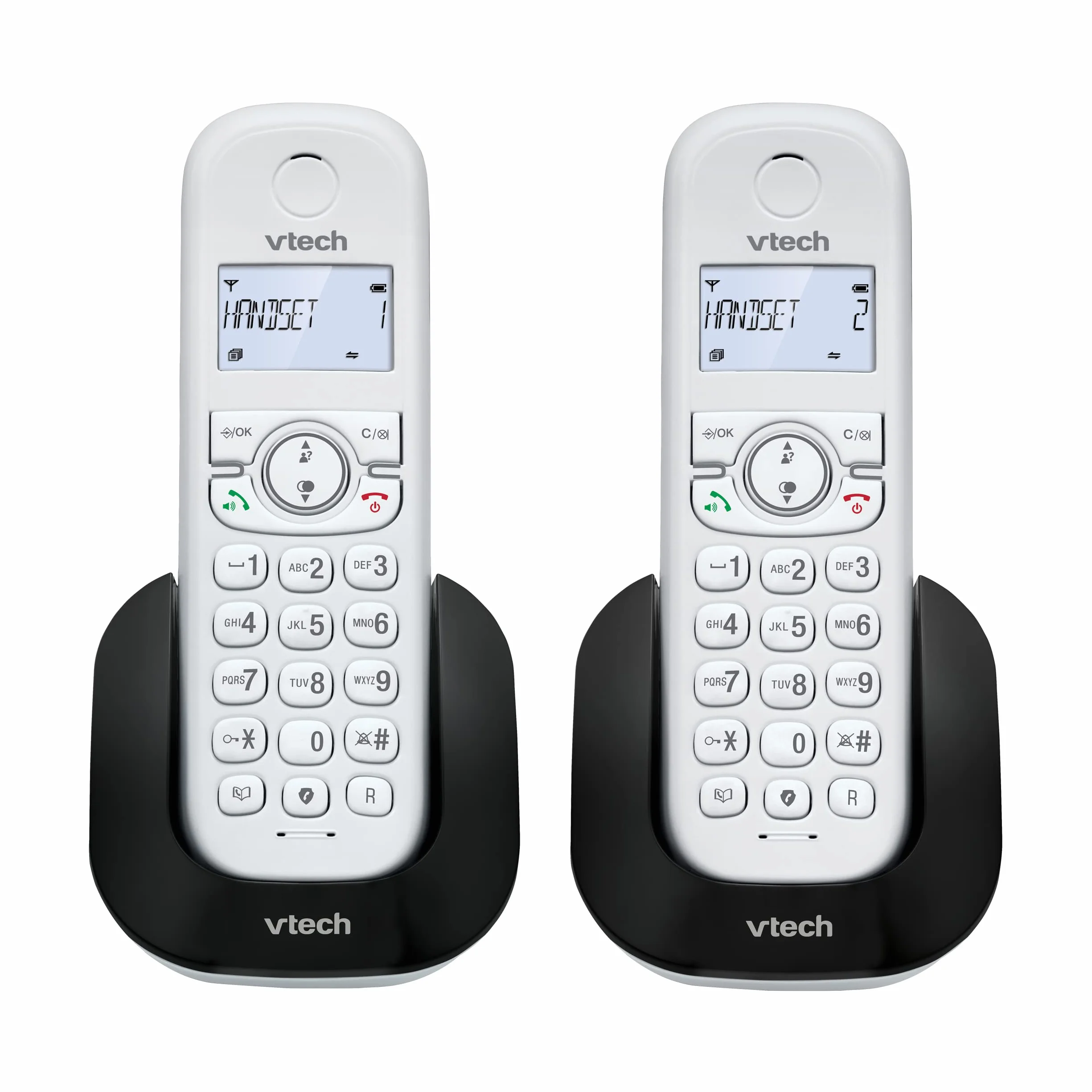 VTech CS1501 DECT Teléfono inalámbrico duo con cargador doble, manos libres, bloqueo de llamadas, identificador, pantalla retroiluminada, Blanco