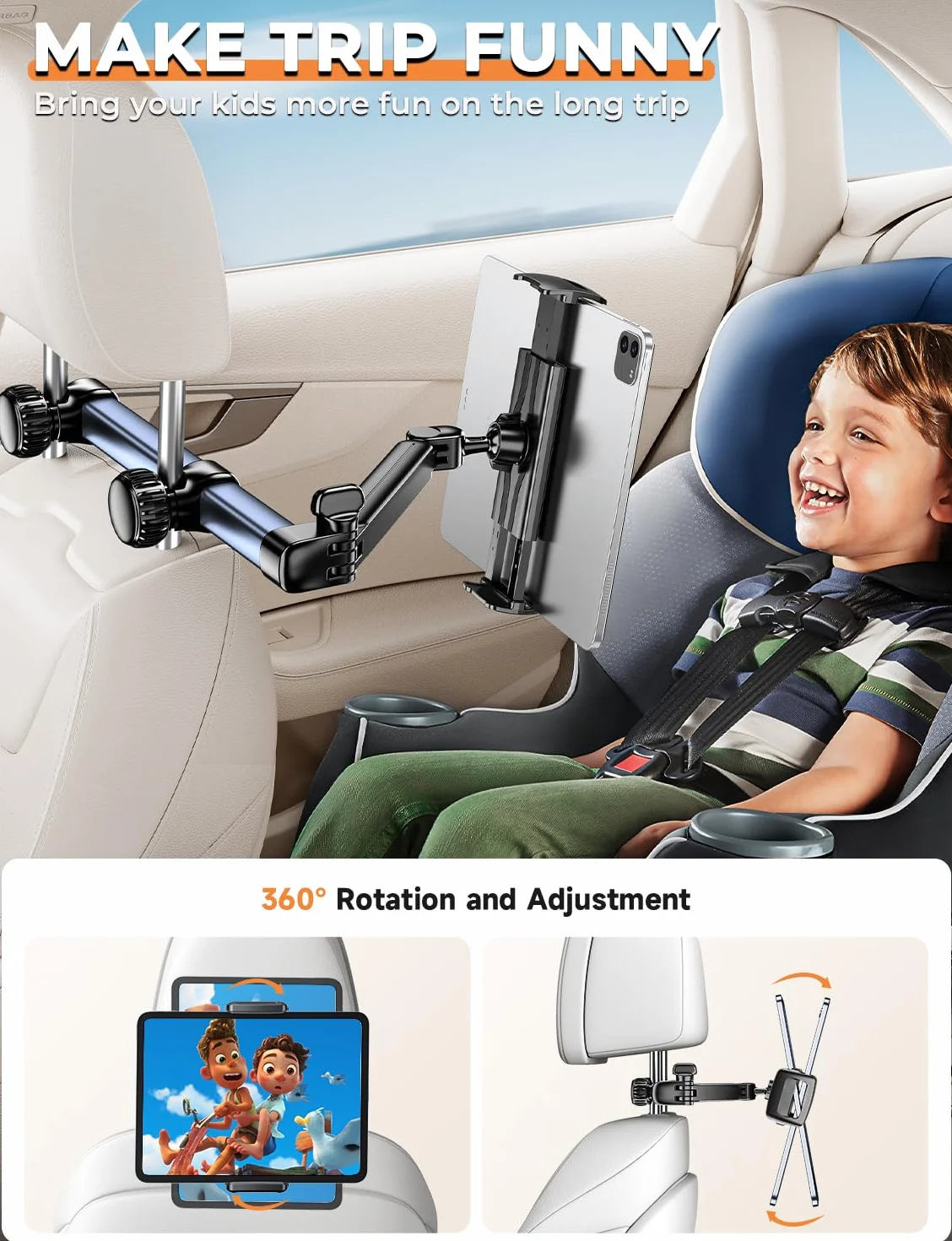 TRYONE Soporte Tablet Coche Reposacabezas 46CM Brazo Largo 3 en 1 Porta Accesorios para iPad Pro Sumsung Tab eReader Switch Móviles 4,7-13 Pulgadas