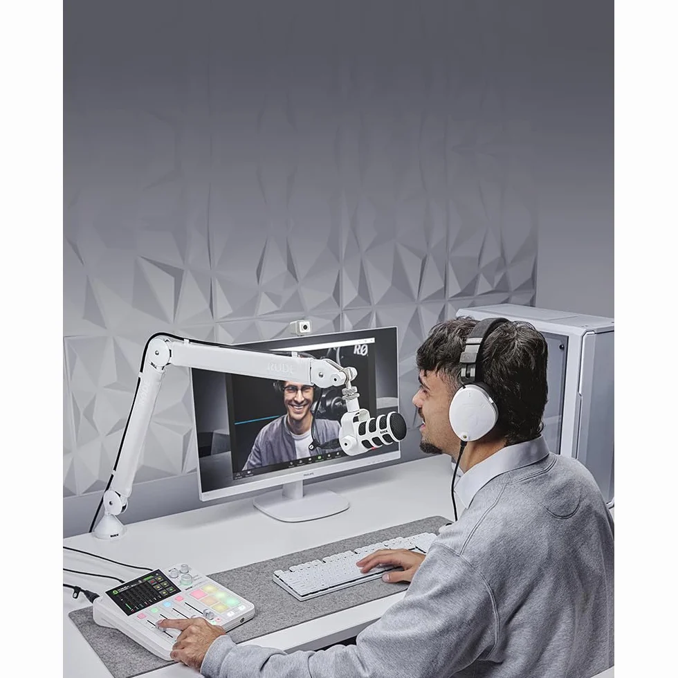 Brazo de estudio profesional RØDE PSA1+ con amortiguación de resorte y gestión de cables (Blanco)