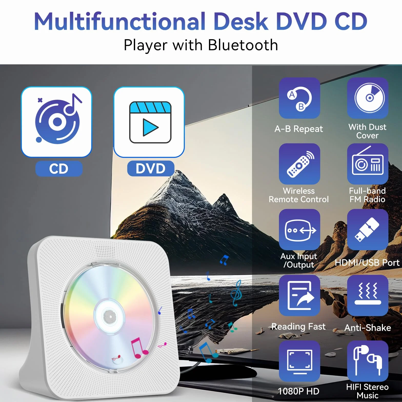 Qoosea Reproductor de DVD para TV con Bluetooth Reproductor de DVD y CD de Escritorio con Altavoces Pantalla Reloj Despertador Radio FM Reproducción de Tarjeta USB, Control Remoto e Cable HDMI(Blanco)