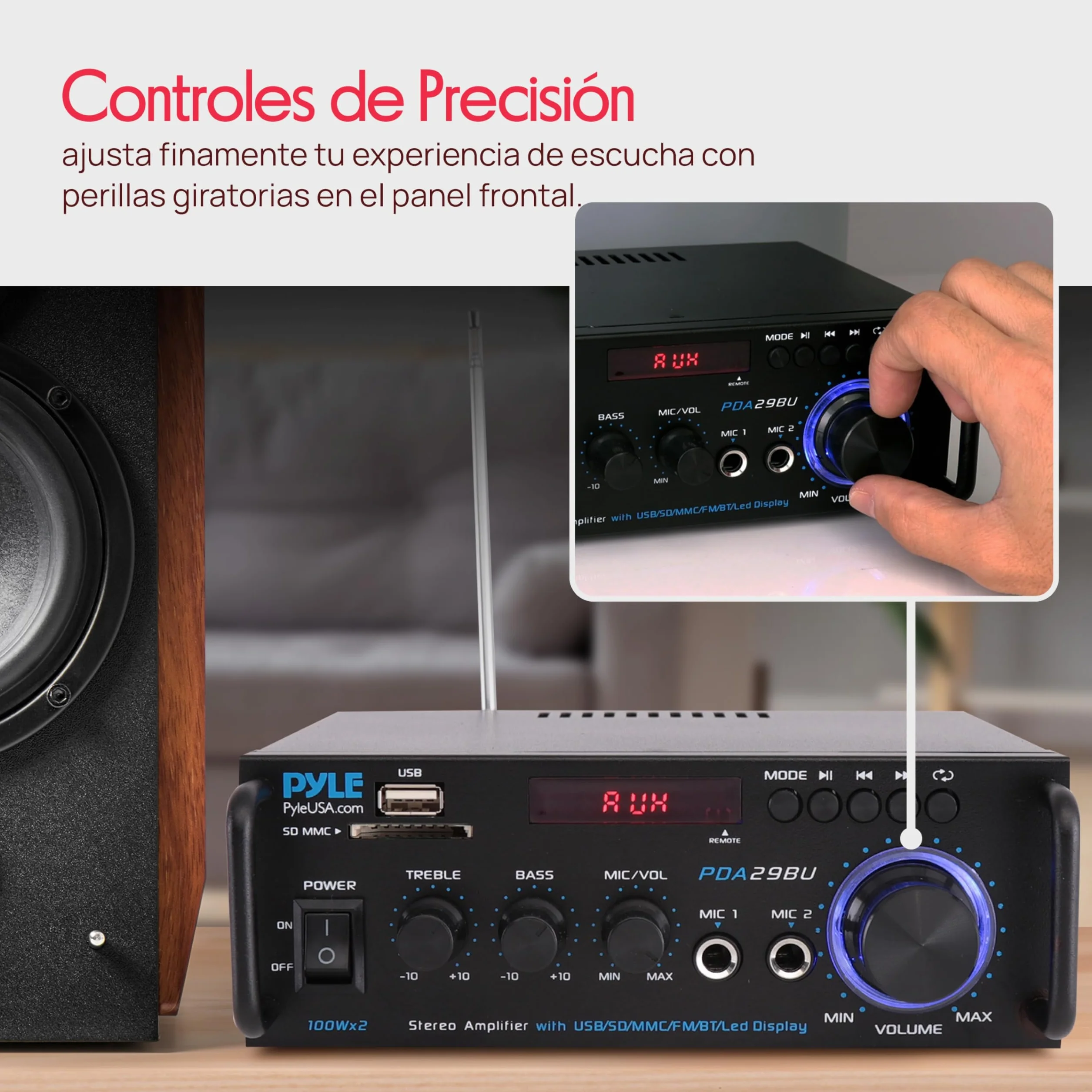 PyleUsa Receptor AV HiFi estéreo para el Hogar con RCA, USB, SD, 2 Micrófonos, Radio FM, Mando a Distancia, Sonido Envolvente para Cine en casa