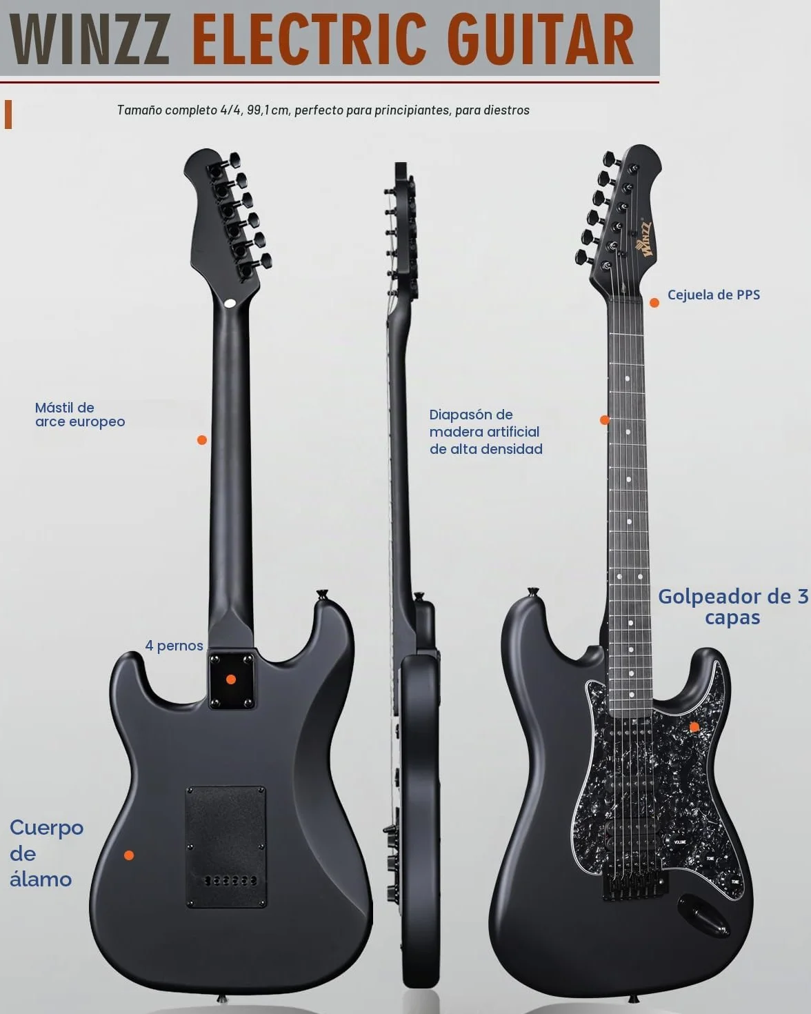 Winzz Guitarra Eléctrica Adulto 4/4 Tamaño Completo, Pastilla HSS, Guitarra Eléctrica ST para Principiantes Pack con 12 Accesorios, Electric Guitar Kit por 12+ Años (39" Negro Mate, Pickguard Negro)