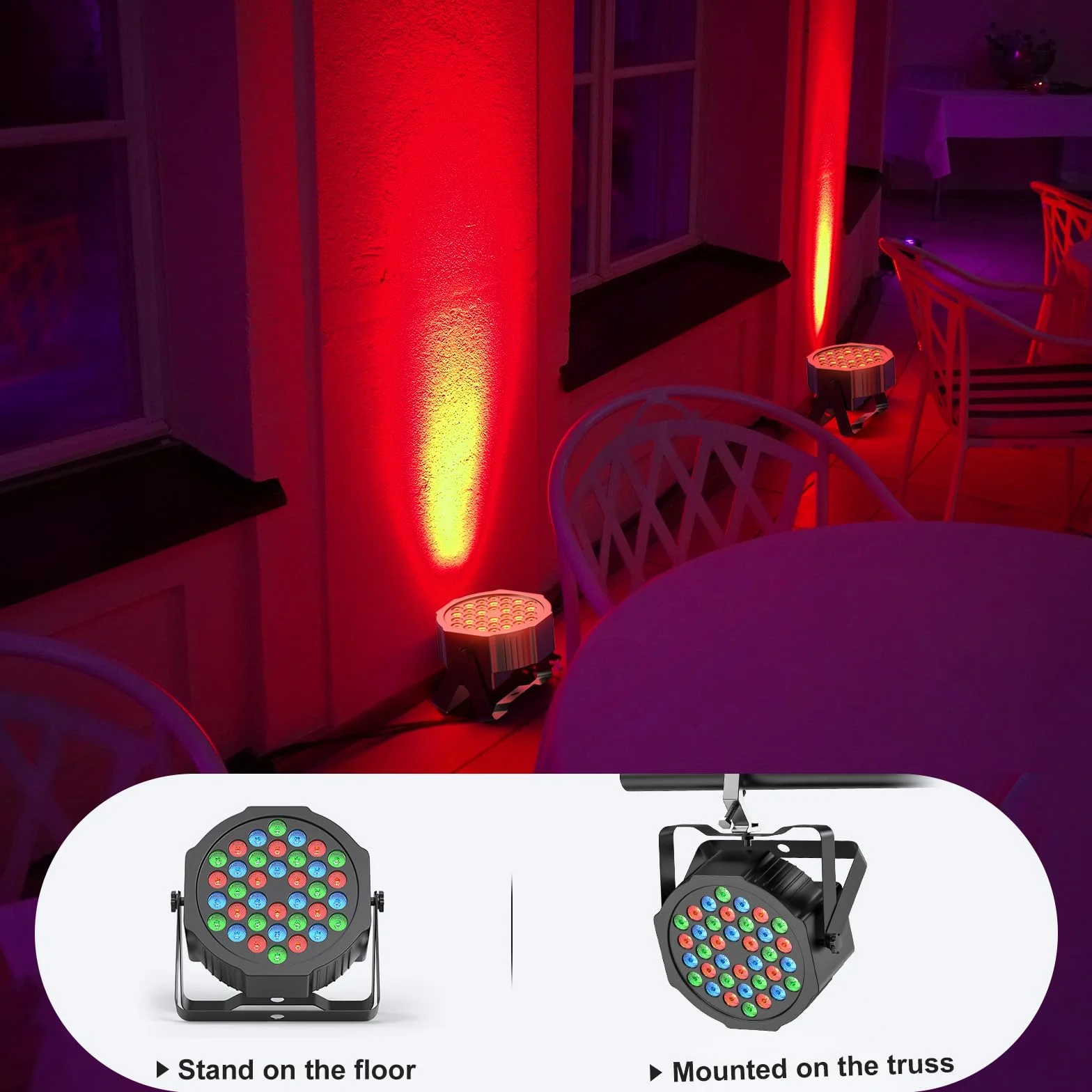 Foco LED con Batería 36 LED, 2PCS Luz RGB Recargable y Temporizada Escenario de Fiesta con Batería de 5000 mAh, Remoto 7CH Maestro-Esclavo Auto para Festival Escenario Iluminación Al Aire