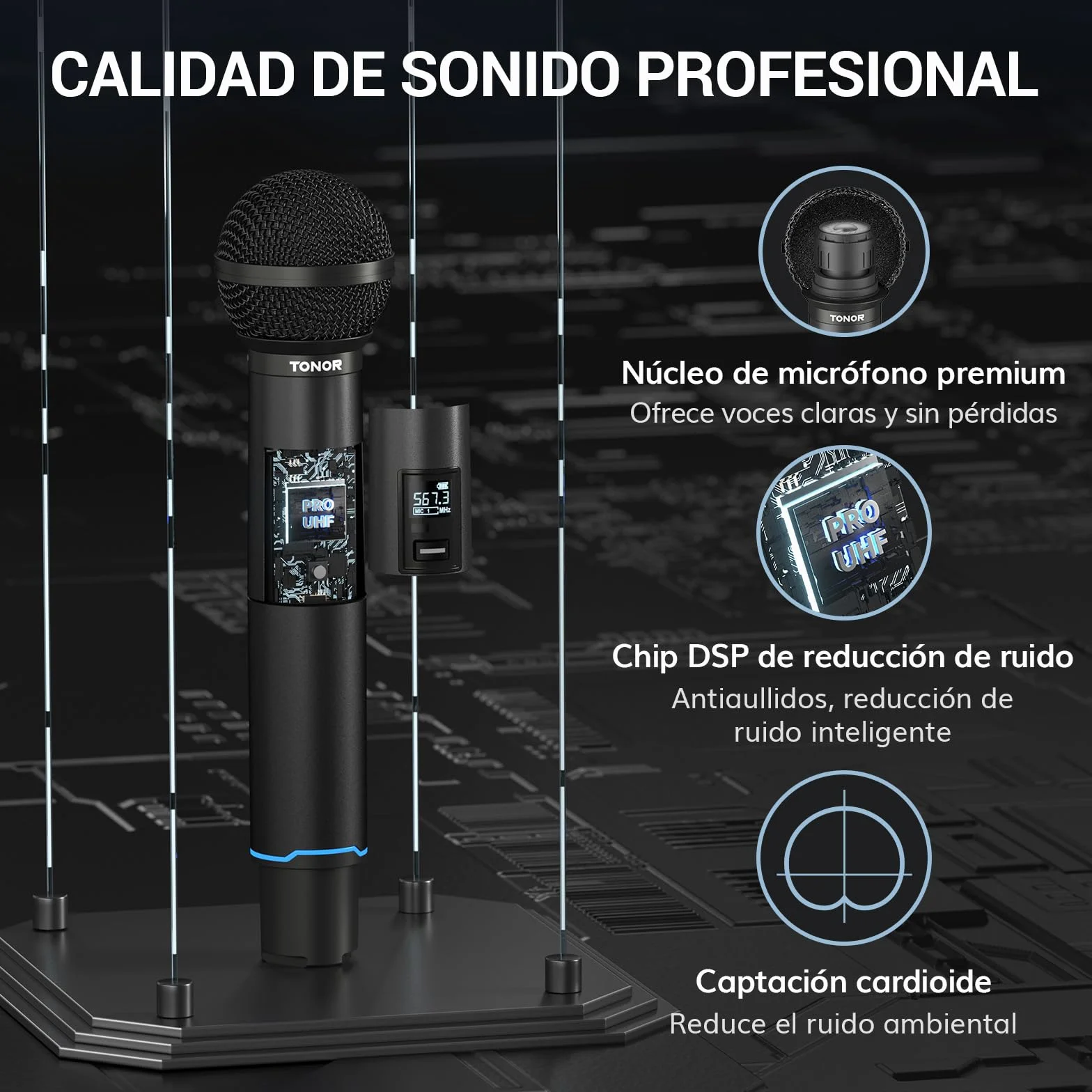 TONOR Micrófono Inalámbricos, Micrófono Metálico Dinámico de Mano Recargable, Receptor de Entrada Bluetooth Auto-Pair, 2x25 Frecuencias UHF,Clic para Silenciar, para Canto/DJ/Boda/Iglesia,100 M, TW720