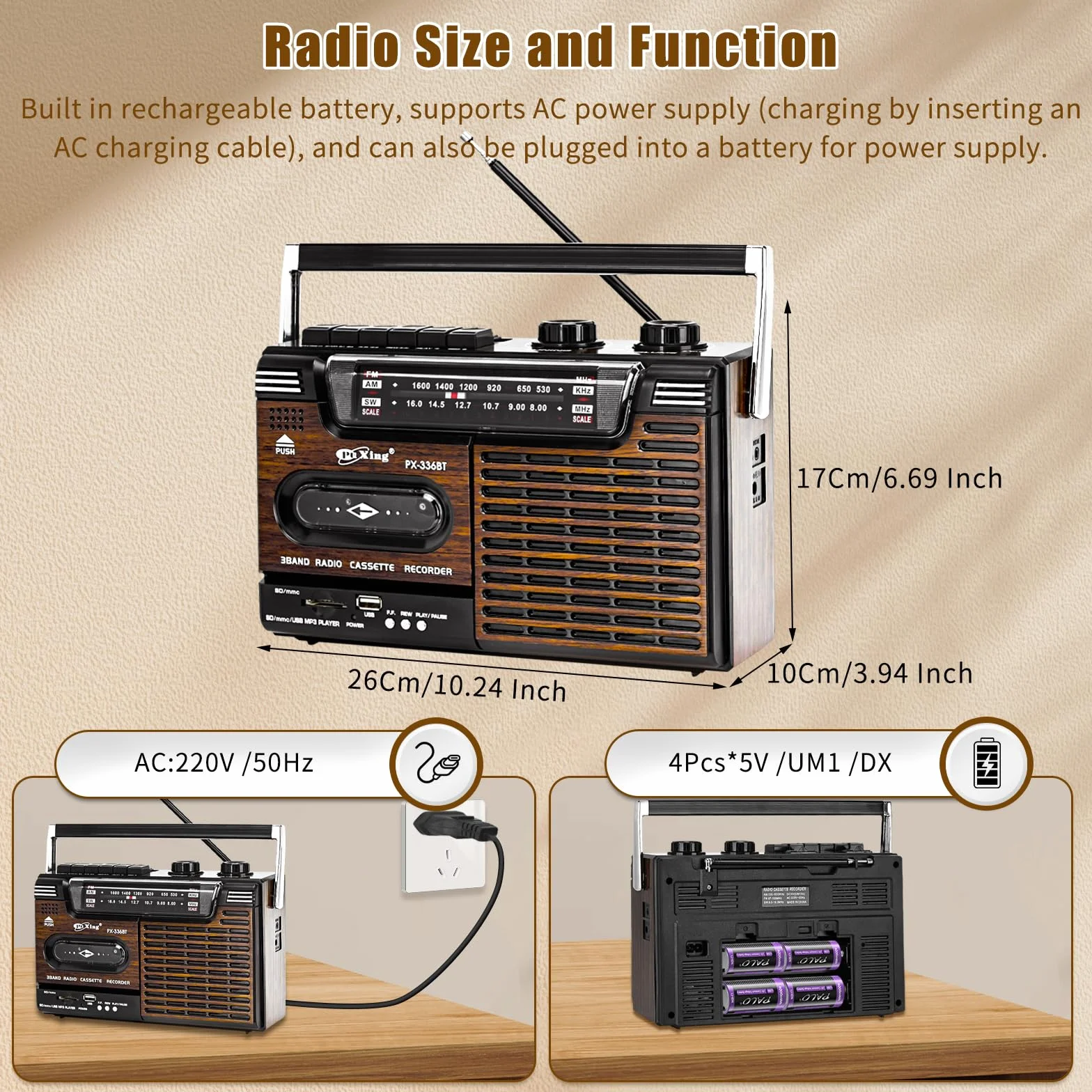 Reproductor de Cinta Portátil Retro Boombox con Radio AM/FM/SW y USB SD MMC Altavoces Incorporados (Grano de Madera)