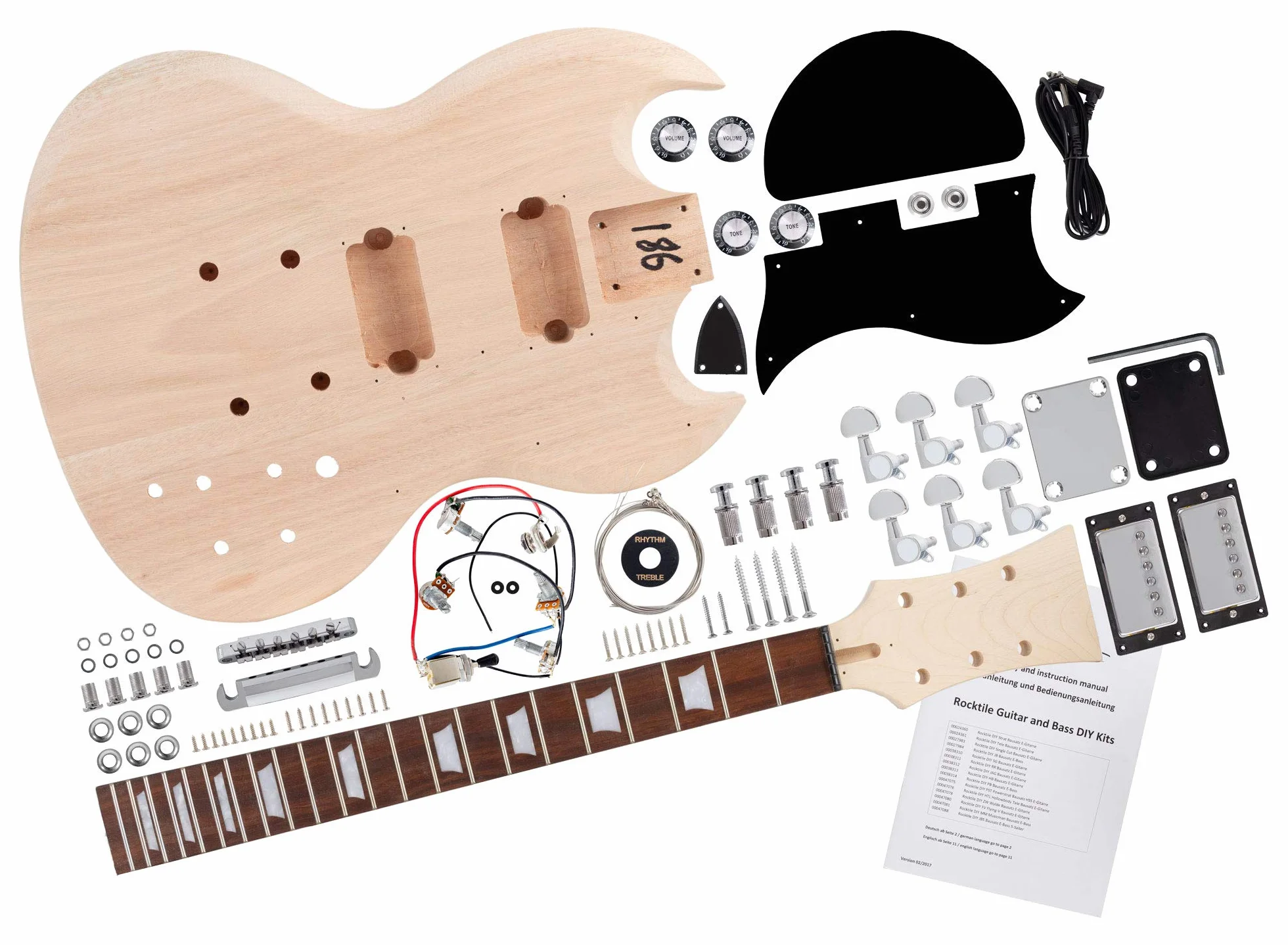 Rocktile Kit guitarra eléctrica Double Cut — DIY: cuerpo y mástil atornillado de caoba, diapasón de palisandro y pastillas humbucker. Ideal para principiantes y aficionados
