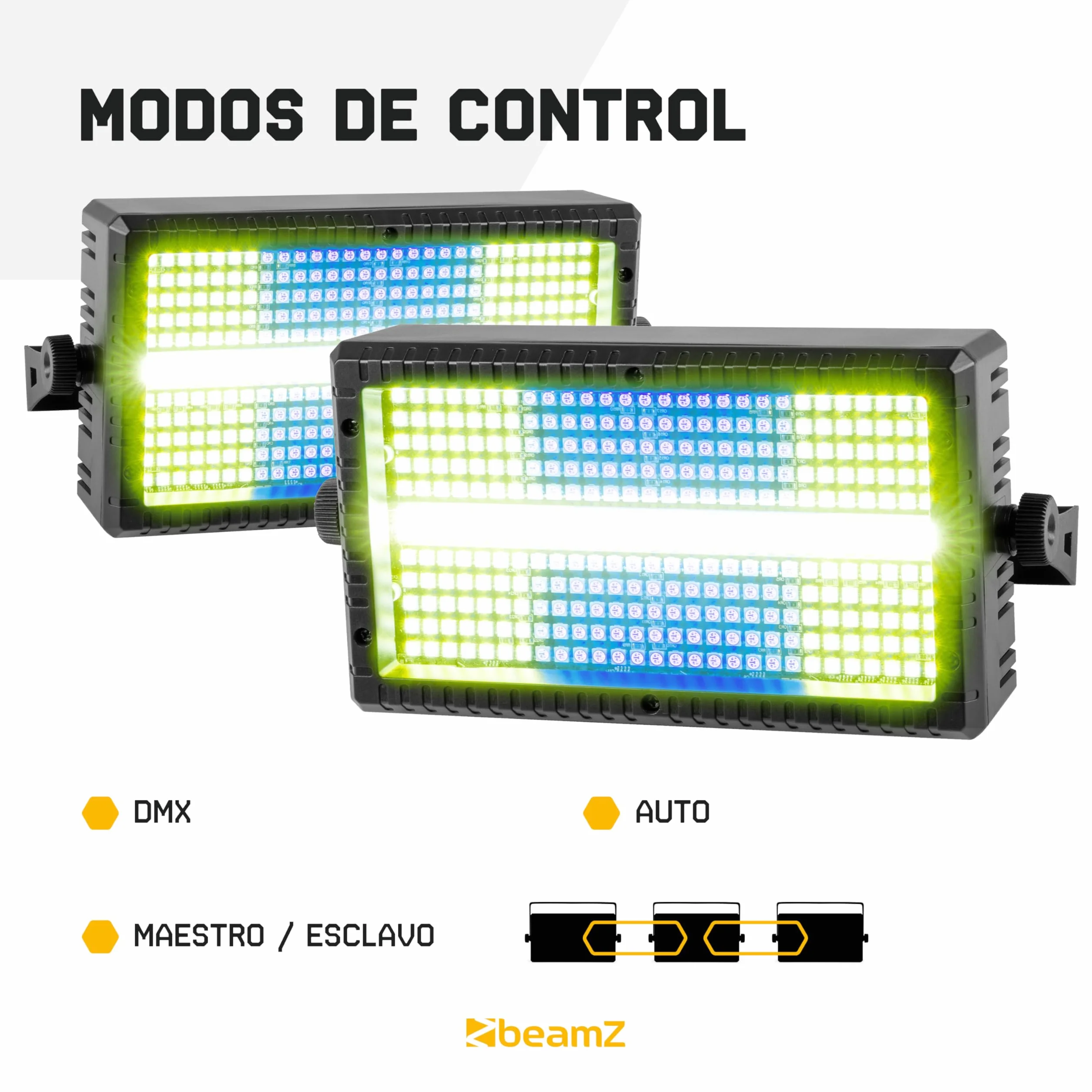BeamZ BS336 - Combo de Luz Estroboscópica y cegadora LED RGB+Blanco, 336 LEDs RGB + 56 Blancos, DMX512 4/6/12/24/30 Canales, Modo Autónomo, Maestro/Esclavo, Automático, Mando a Distancia