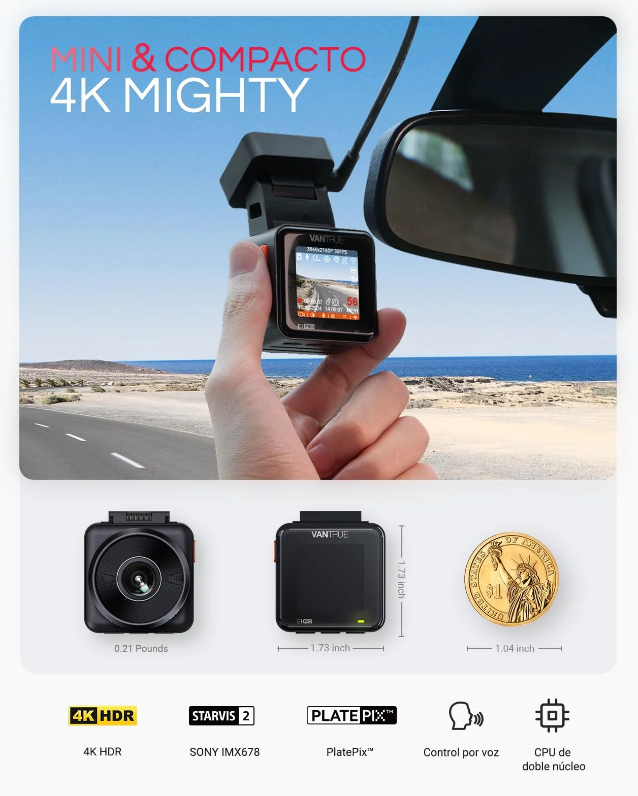 VANTRUE E1 Pro 4K Mini cámara de salpicadero Frontal, STARVIS 2 Plate Pix™ HDR, GPS WiFi 5G Integrado, Control de Voz, Modo de estacionamiento con búfer 24/7, Compatible con 1 TB máx.