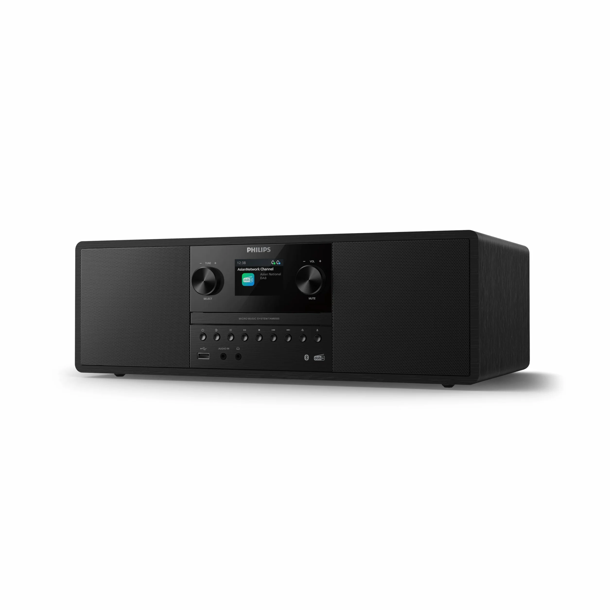Philips TAM6500/10 Sistema de música Micro 100 vatios, Bluetooth 6.0, Auracast, Radio Dab+/FM, CD/USB/Entrada Audio, Altavoces Bass‑Reflex, Pantalla Color, Mando Distancia, Plástico Reciclado – Negro