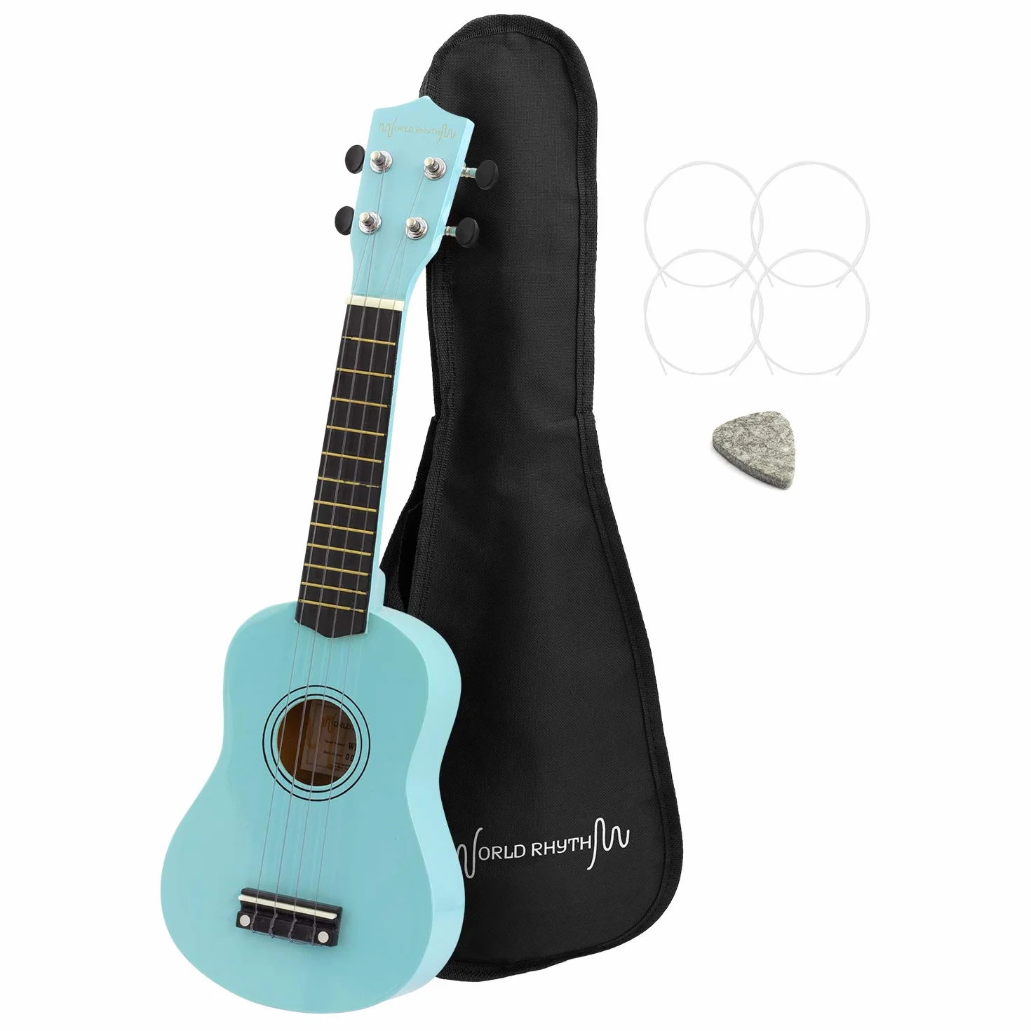 WR-306 - Ukelele soprano para principiantes, acabado azul claro con bolsa para concierto, cuerdas de repuesto para ukelele y púa de fieltro
