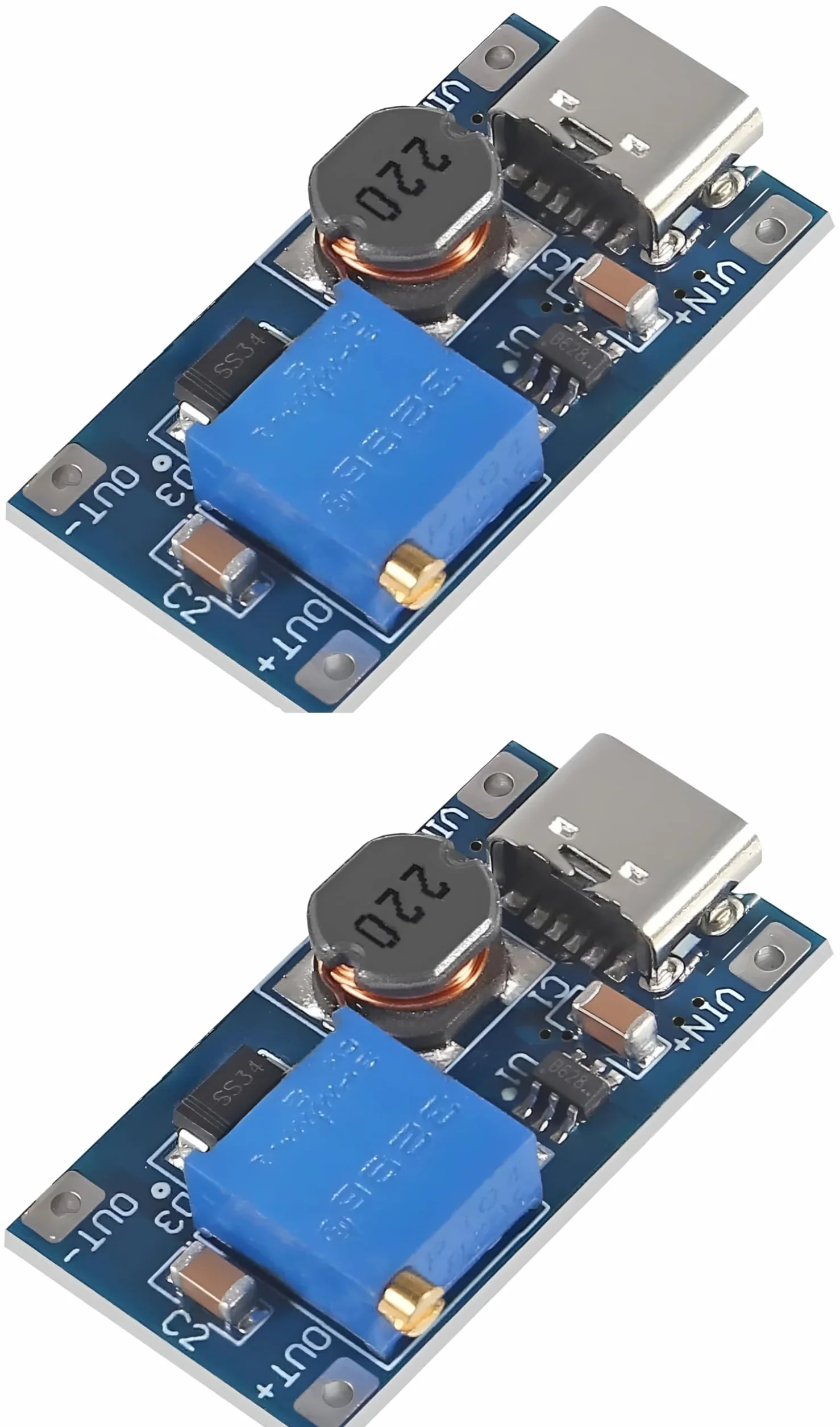 MT3608 (2 unidades) Módulo Elevador DC-DC Boost/Step-Up Ajustable, USB Tipo C. Convertidor de 2V~24V a 5V~28V, 2A