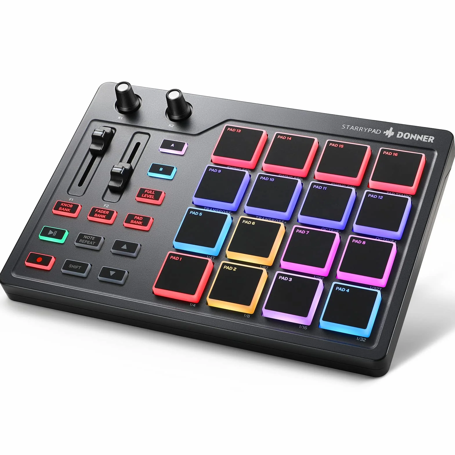Donner Teclado controlador de almohadilla MIDI USB tipo C, máquina de almohadilla de tambor profesional Beat Maker con 16 almohadillas, salida MIDI, 2 atenuadores asignables y pomos