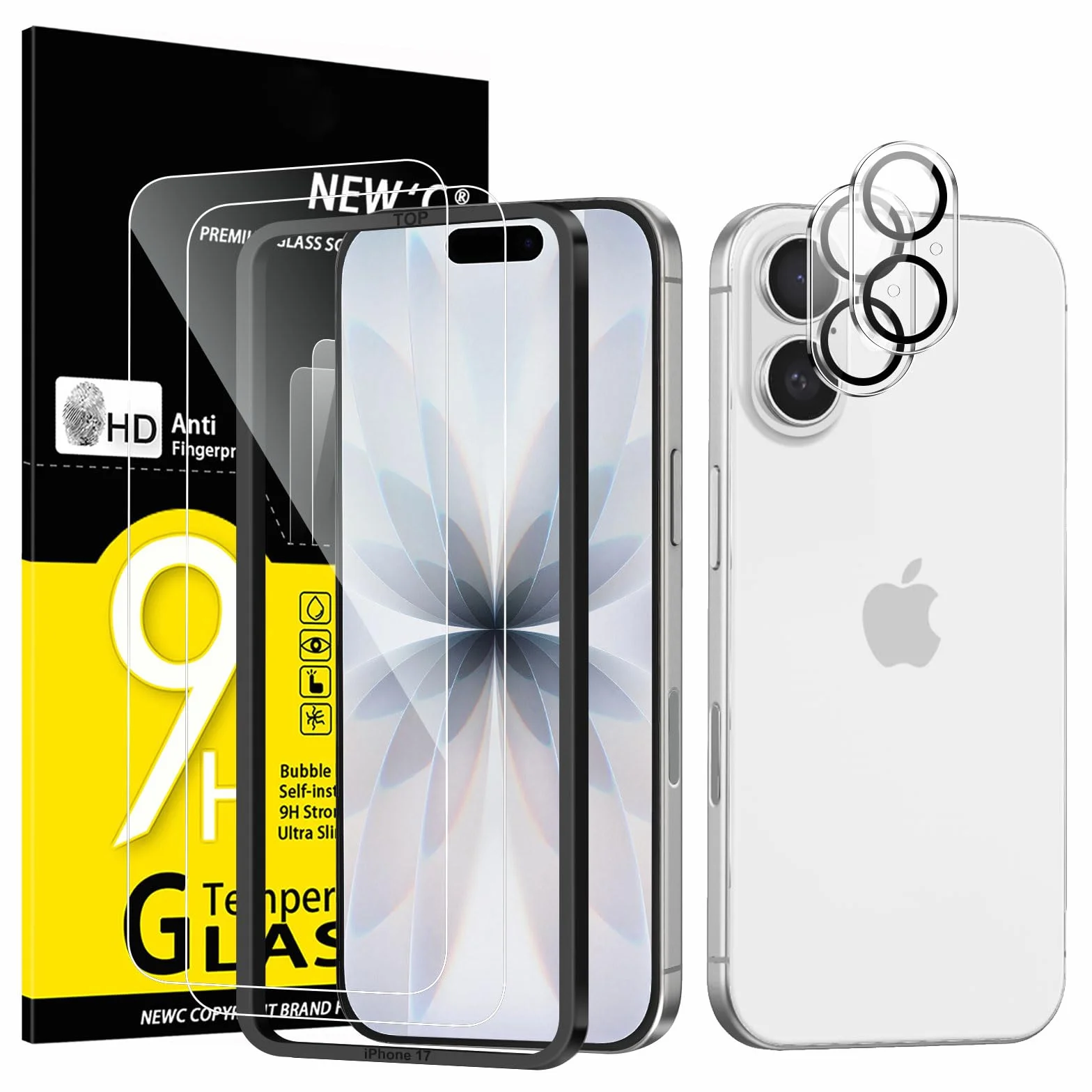 NEW'C 2 x Protector Pantalla para iPhone 17 (6,3 Pulgadas) y 2 x Protector Pantalla Protector de Lente de Cámara - Cristal Templado - Ultra Resistente - Herramienta de instalación fácil incluida