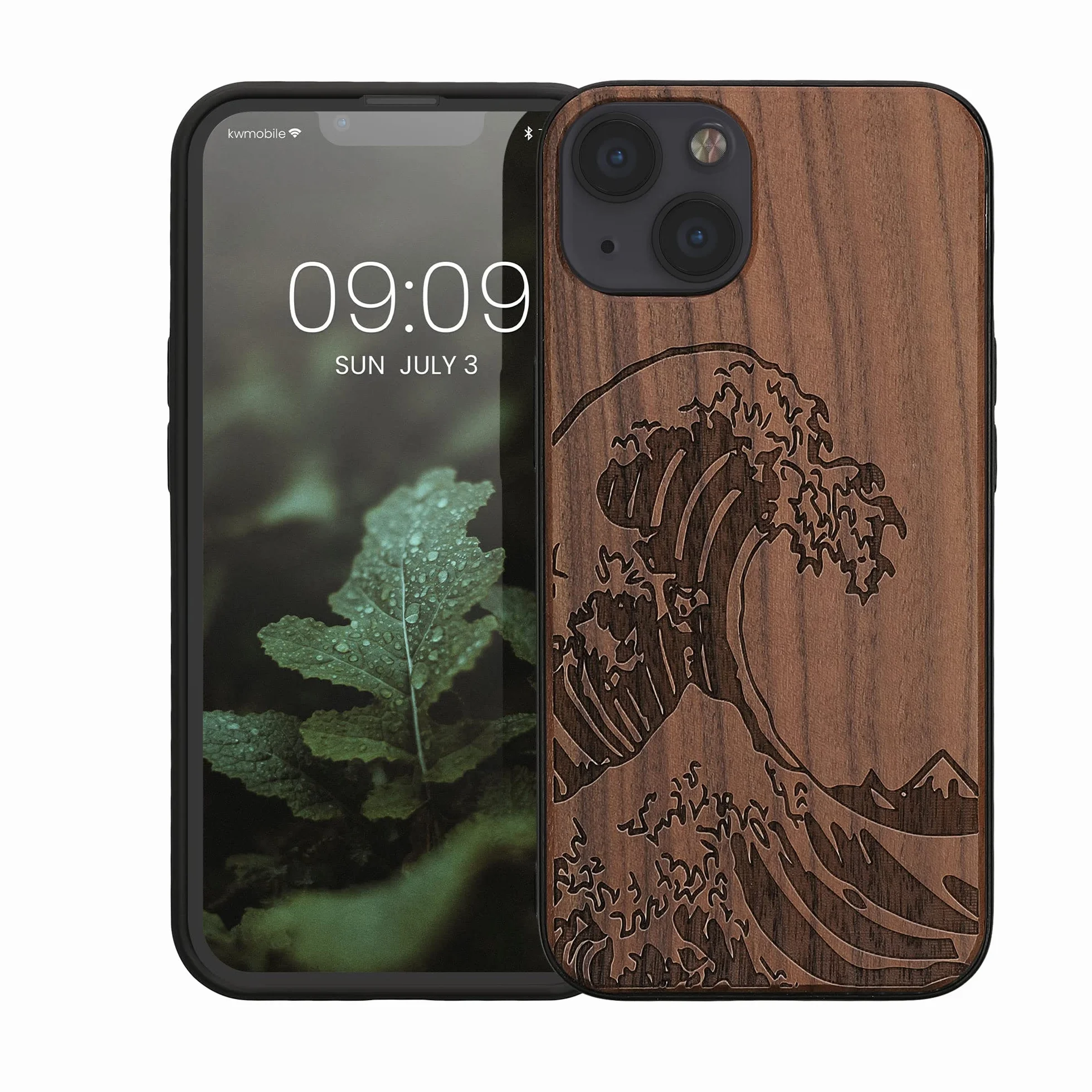 kwmobile Funda de Madera Compatible con Apple iPhone 13 con Bumper Antigolpes - Estampa Japonesa