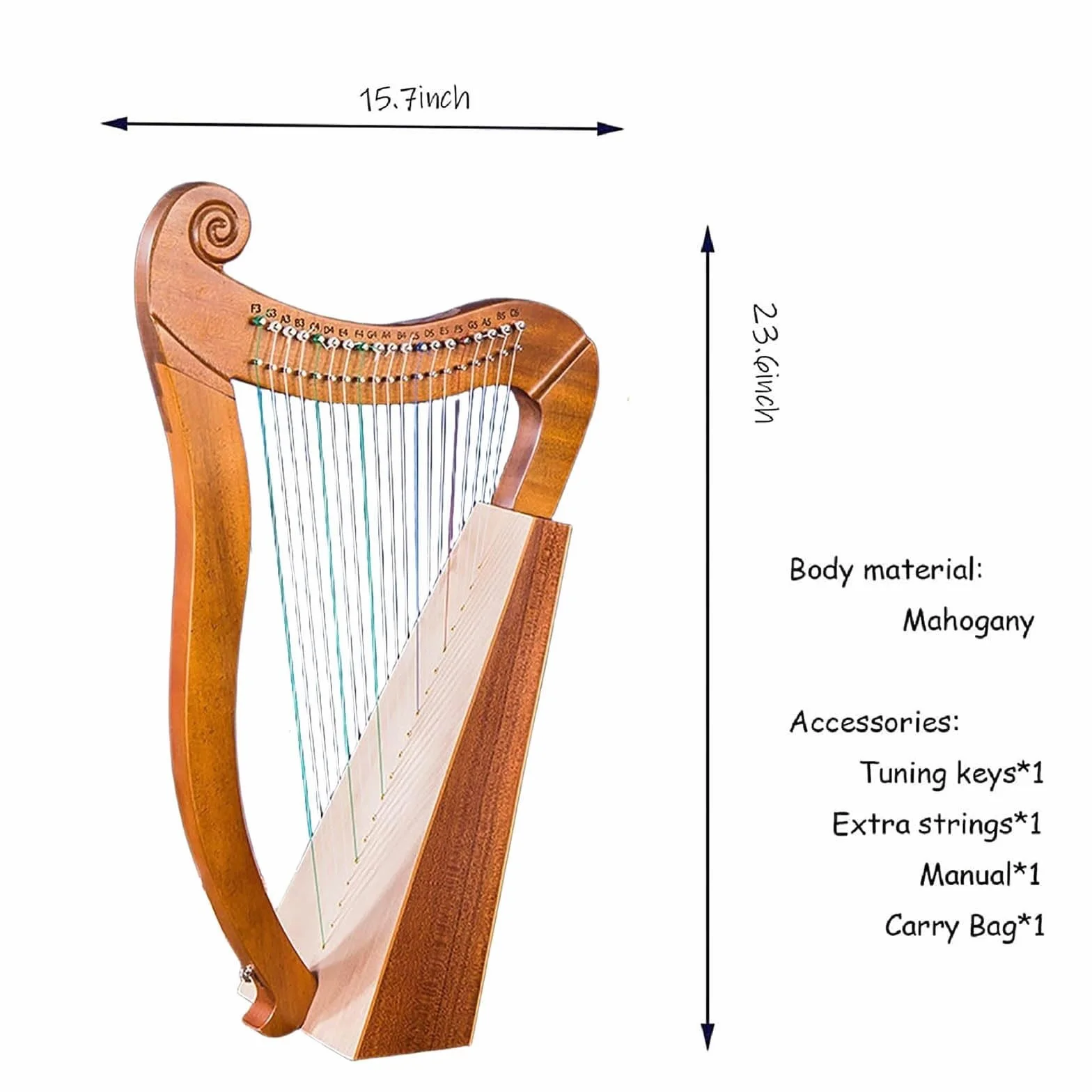Arpa irlandesa celta, 19 cuerdas, arpa de palanca de madera de caoba, 3 agujeros de sonido, con llave de afinación y bolsa, para resonancia rica, para adultos, principiantes y músicos profesionales
