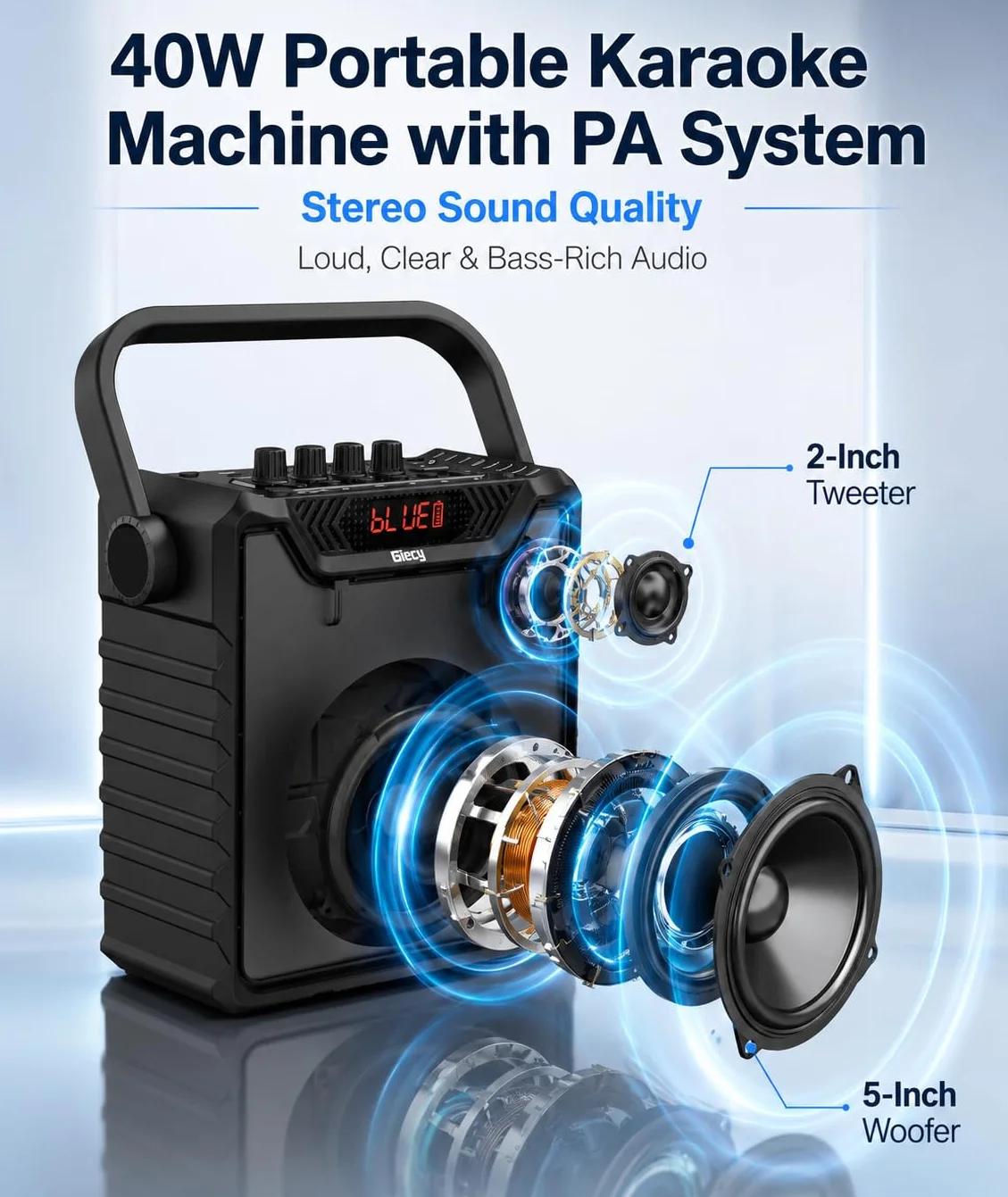 Amplificador de Voz con 2 Micrófonos Inalámbricos UHF, Portátil Altavoz Karaoke con Sistema PA para Fiestas y Altavoz Bluetooth con Bass Boost