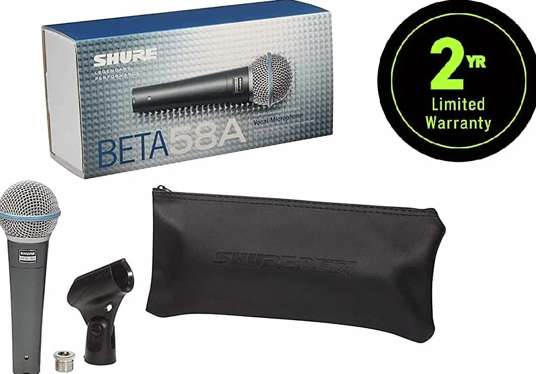 Shure Beta 58A Micrófono Vocal dinámico supercardioide de un Solo Elemento para Escenario y Estudio, Incluye Adaptador de Soporte Ajustable A25D, Adaptador de Rosca de 5/8 a 3/8