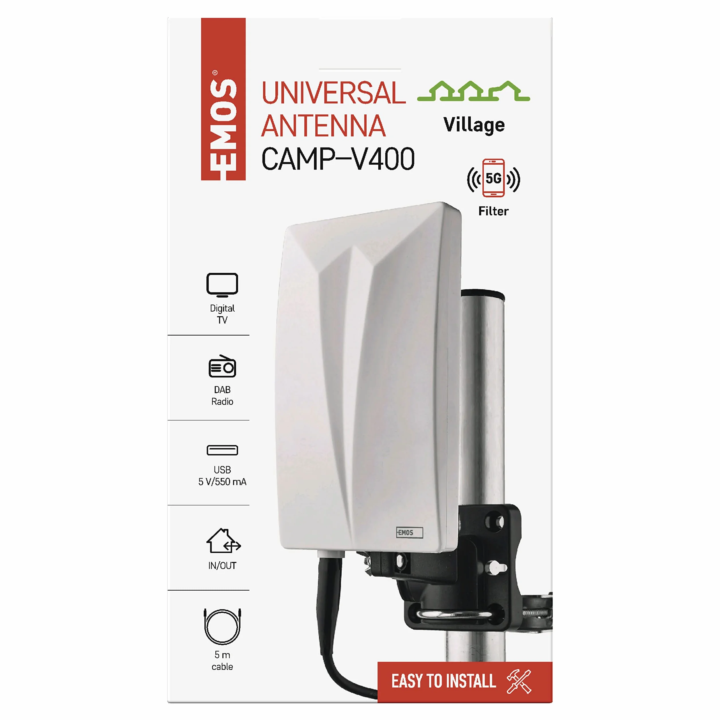 EMOS - Antena Interior y Exterior Village, Antena Activa Universal para recepción a Distancia (0-80 km) de DVB-T2, Dab, FM, Full HD, con Filtro LTE Integrado, Filtro 4G, 5G y Amplificador