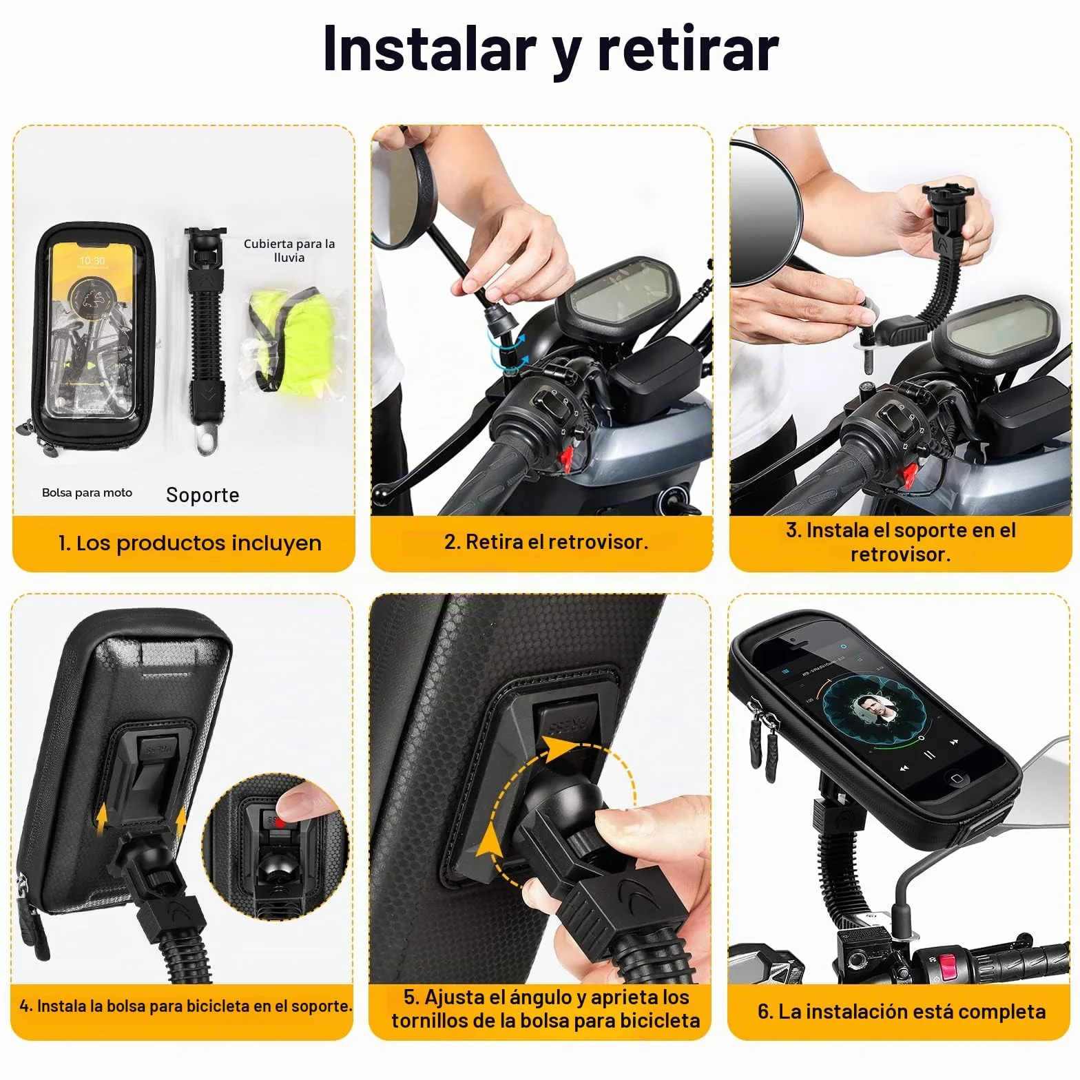 Soporte Móvil Moto Impermeable 360° Rotación para Teléfono hasta 6.7" Negro