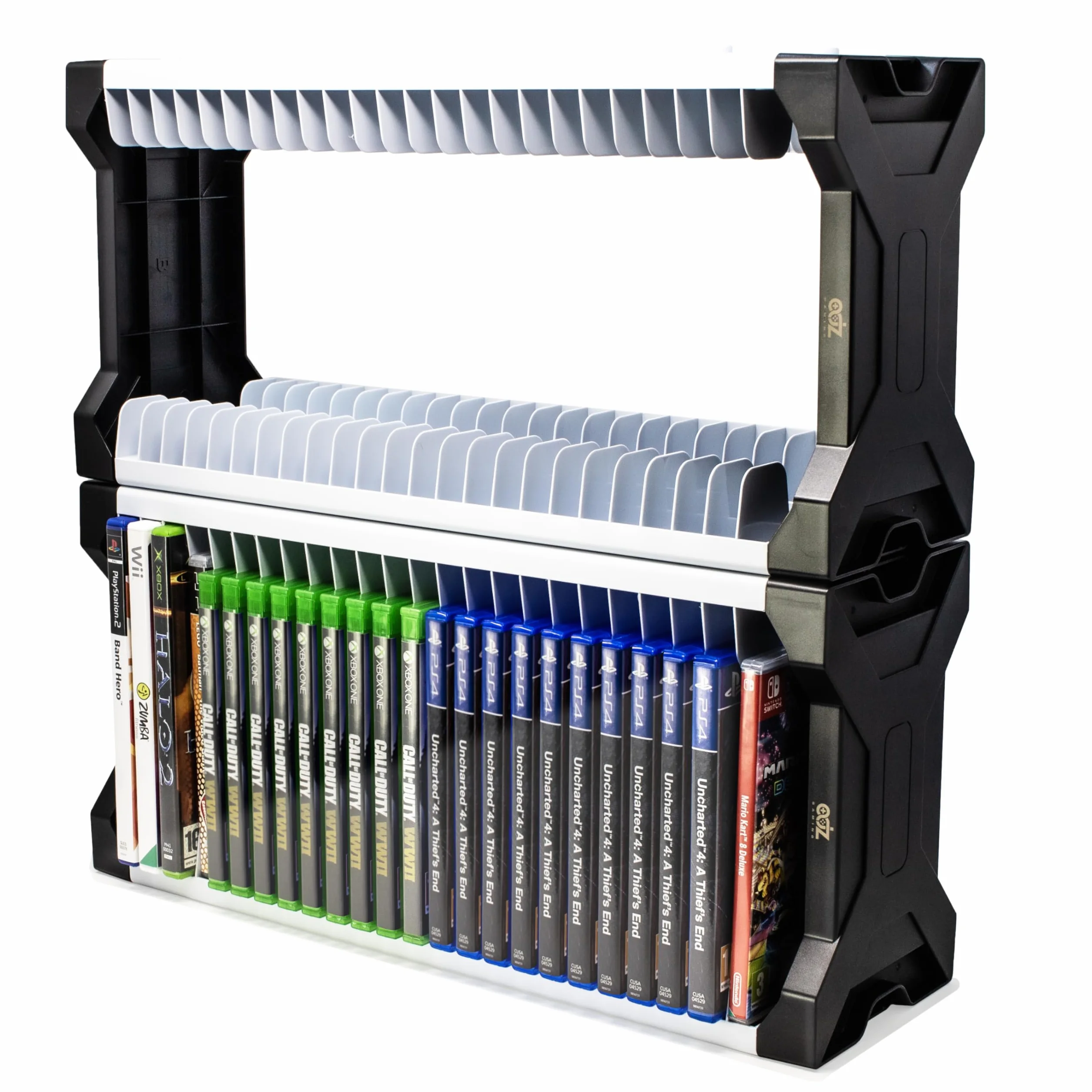 ADZ Soporte universal para juegos – 46 Game Storage Tower Rack for PS2 PS3 PS4 PS5 PSP Xbox 360 Xbox One Series X Wii Switch Games DVD and Blu-Ray Disks Includes 2 controladores Mounts (White)