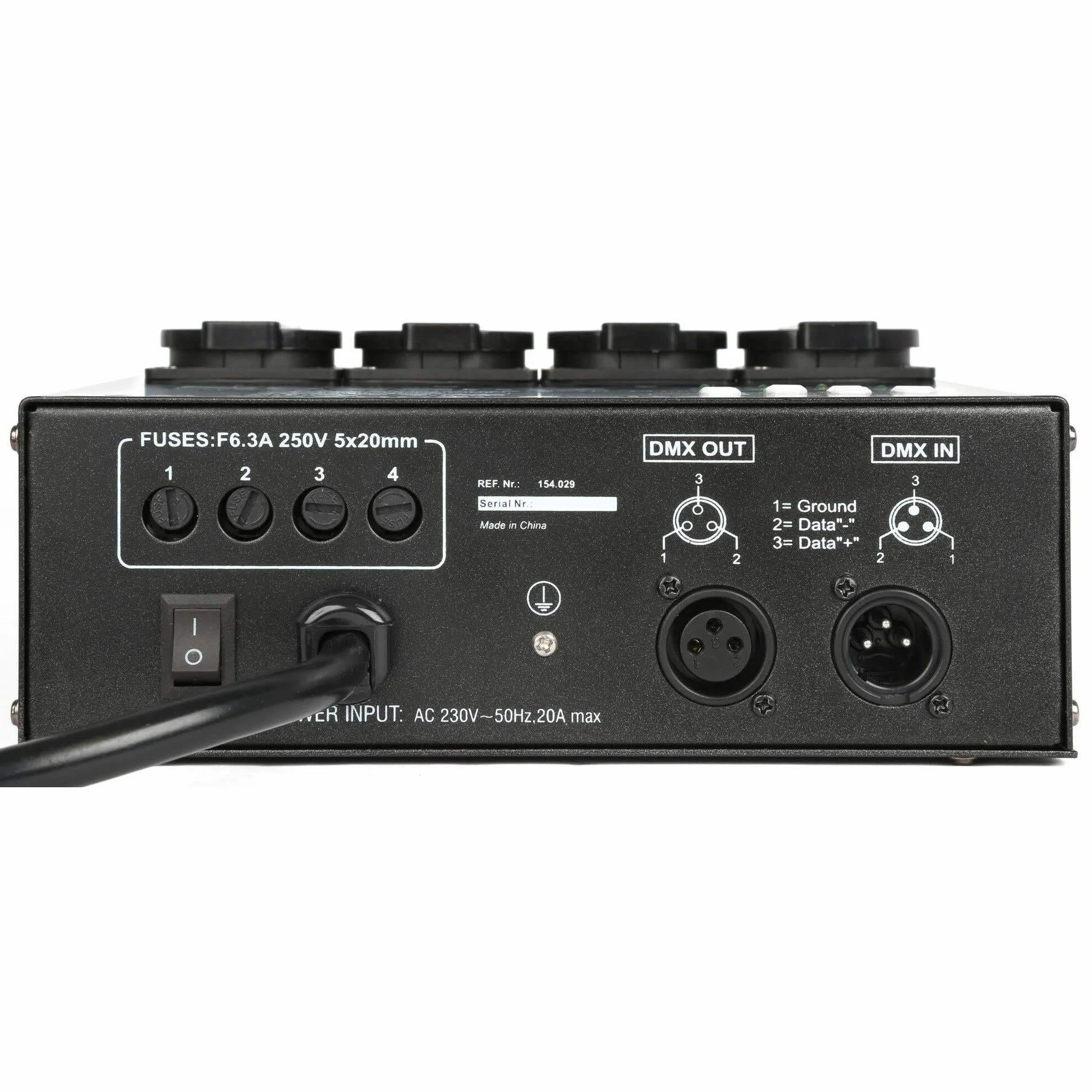 BeamZ DMX004DII - Controlador DMX, Interruptor de Luz, 16 Programas Incorporados, Velocidad de Seguimiento Ajustable, 4 tomas de salida con 5A máximo por canal, Ideal para DJs Profesionales