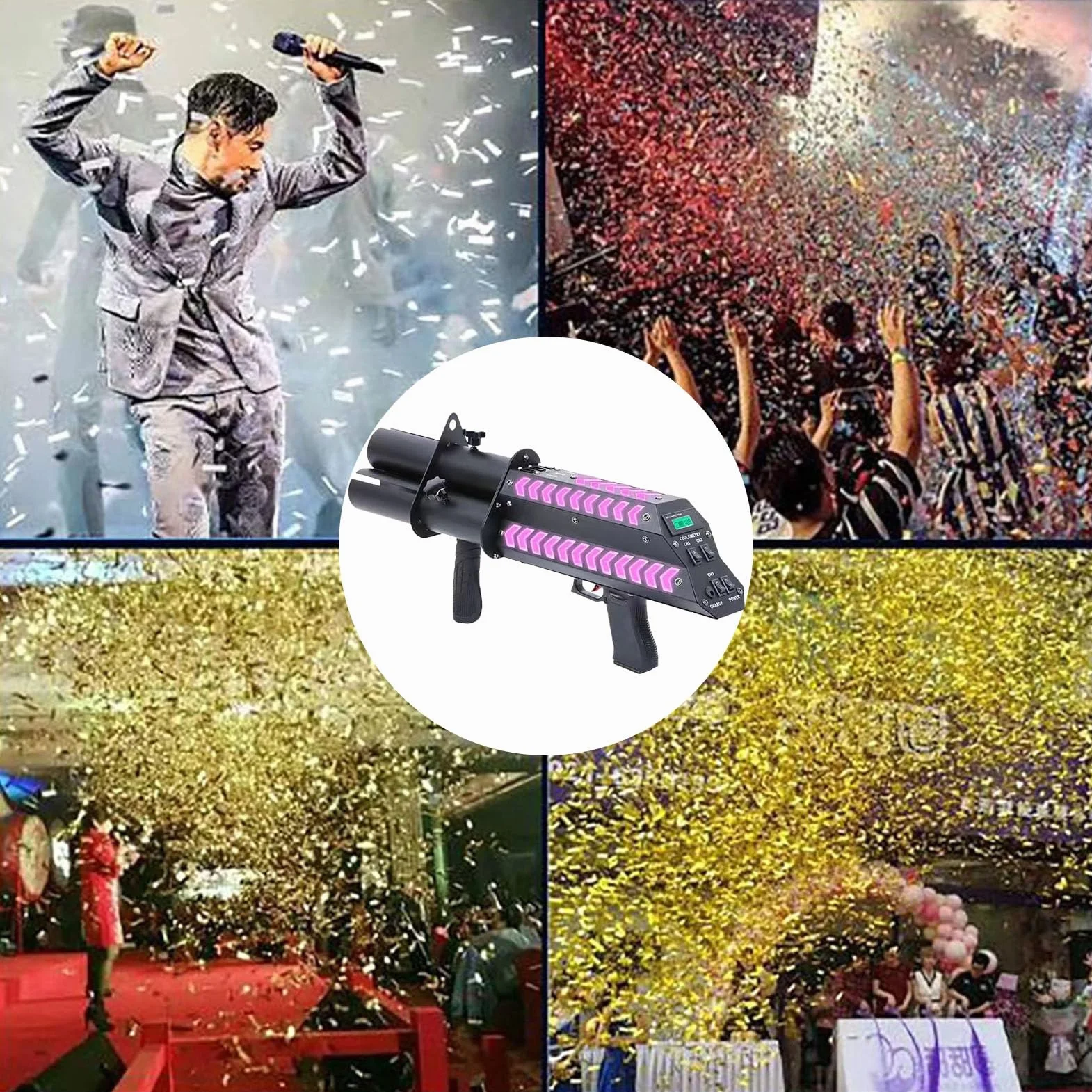Lanzador de Confeti eléctrico, cañón Lanzador de Confeti portátil con Luces, Recargable, para Eventos Especiales, Fiestas, Clubes, Bodas, conciertos, Iluminado