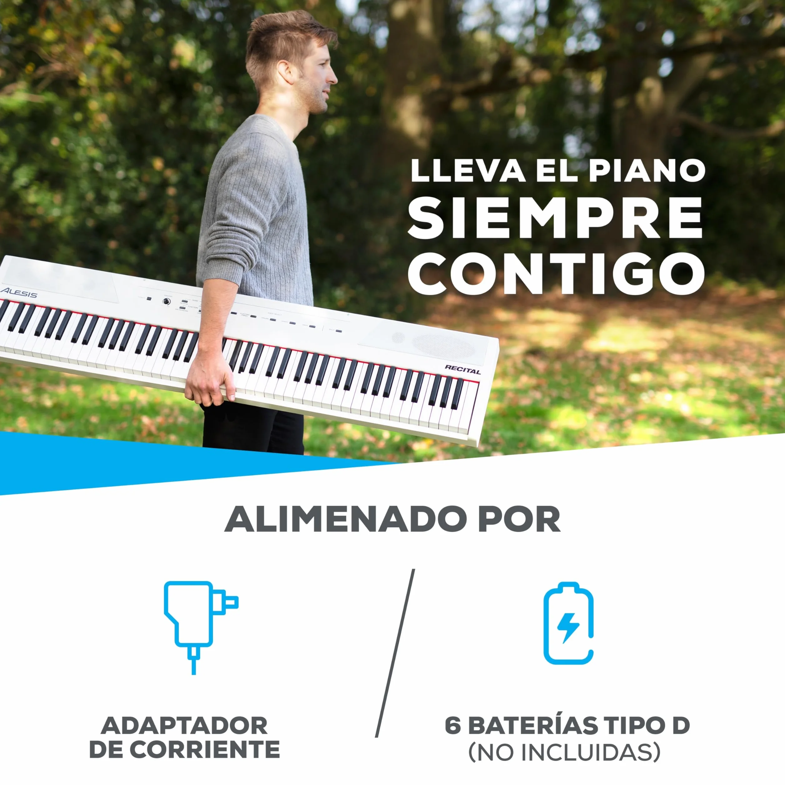 Alesis Recital Piano Eléctrico 88 Teclas Semi Contrapesadas con Altavoces, Lecciones de Piano, Metrónomo y 5 Kits de Sonidos - Blanco