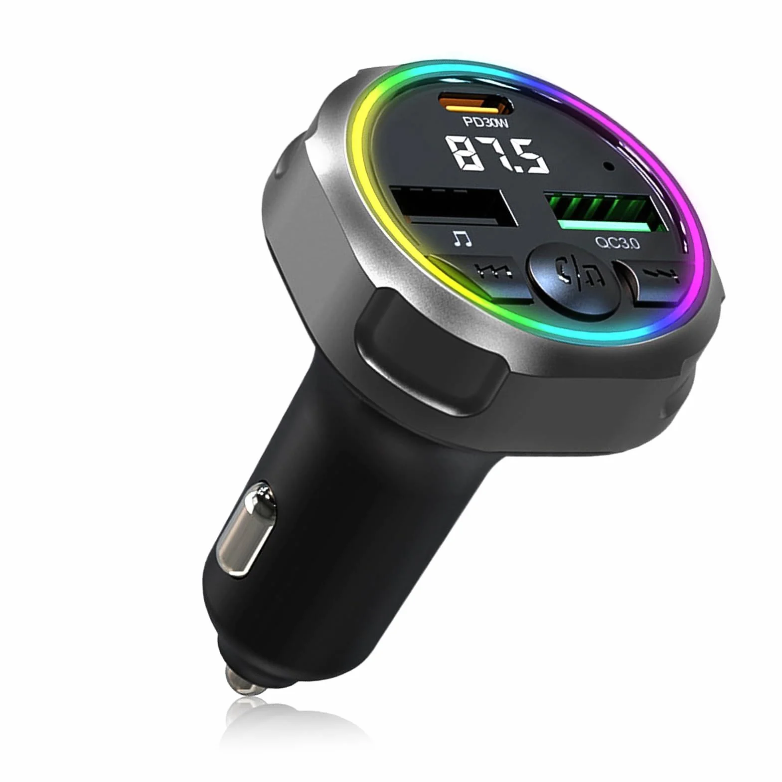 Transmisor Radio FM Bluetooth 5.3 Coche, USB C PD 30W + QC3.0 48W Cargador Coche Rápido, Receptor Parrot Manos Libres,Adaptador de Audio MP3, para Teléfono Móvil/Unidades Flash USB,Conectar y Usar