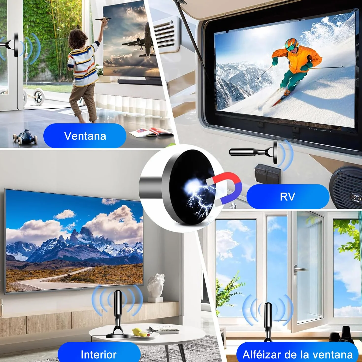Antena TV Interior HD DVB-T2/DVB-T 4K/1080p Recepción 360° Base Magnética Fuerte