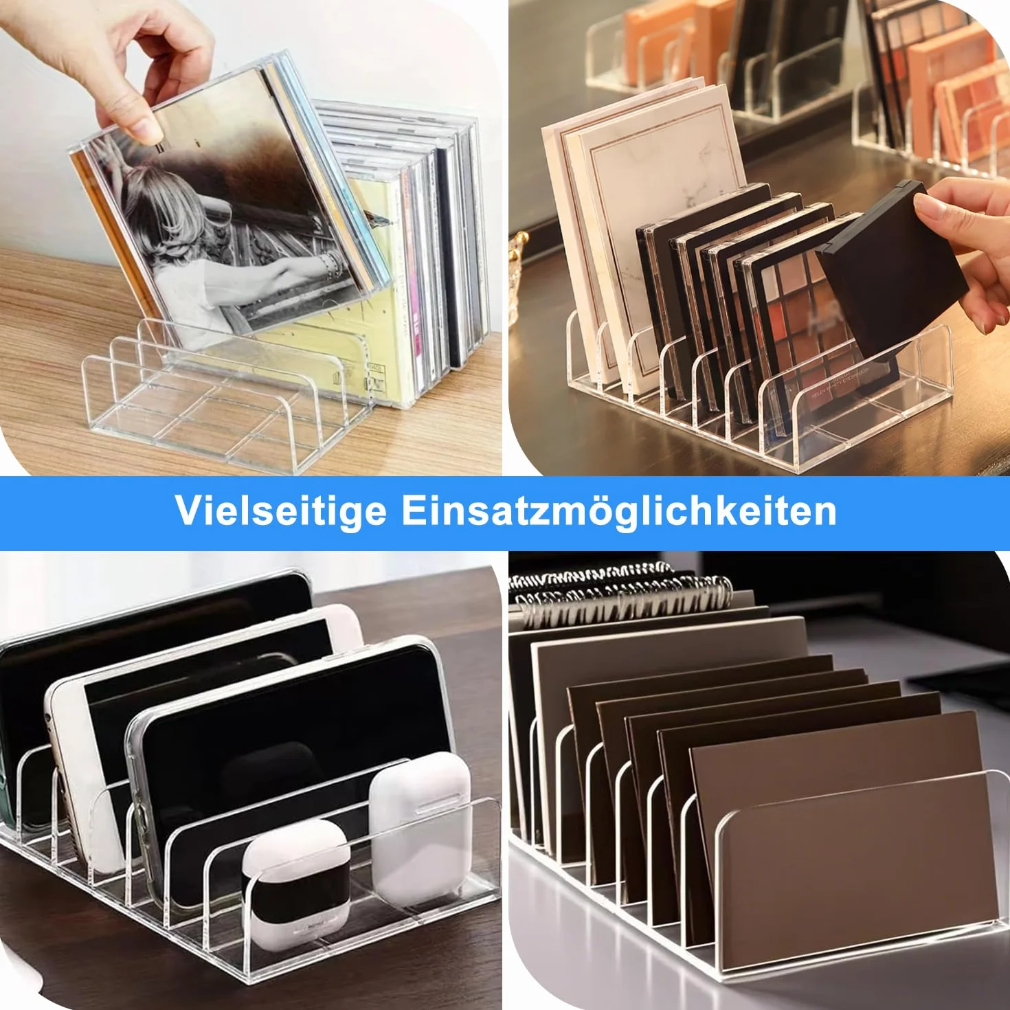 Soporte para Bandeja de CD 4Pcs Organizador de Maquillaje con 7 Compartimentos Soportes para CD de Acrílico Transparente Soporte Organizador de DVD para Casetes Libros Cosméticos