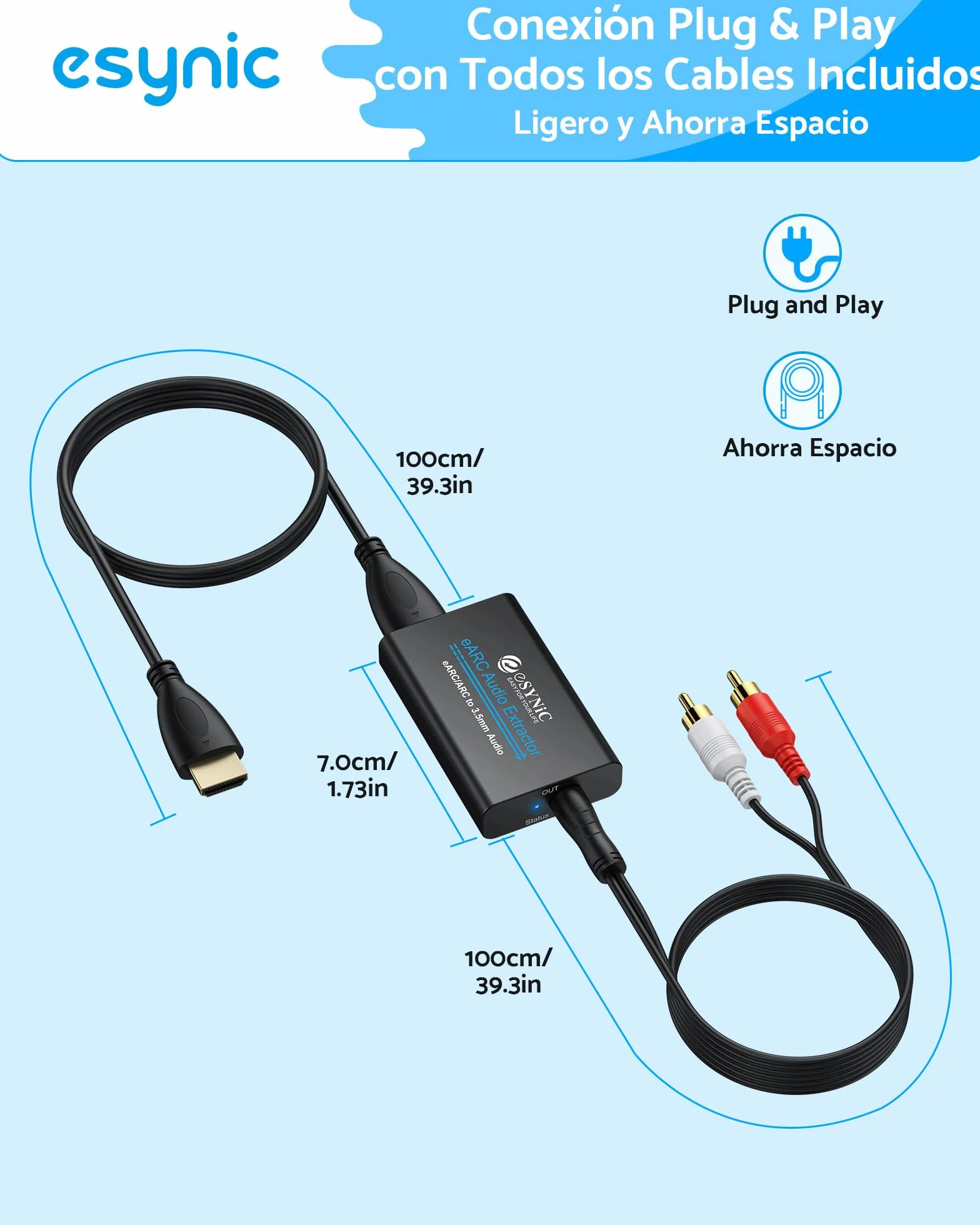 eSynic Extractor de Audio eARC ARC Adaptador HDMI ARC a Jack 3.5mm Convertidor de Audio PCM Estéreo para TV Compatible con Auriculares con Cable Altavoces Activos y Sistemas de Sonido 3.5mm