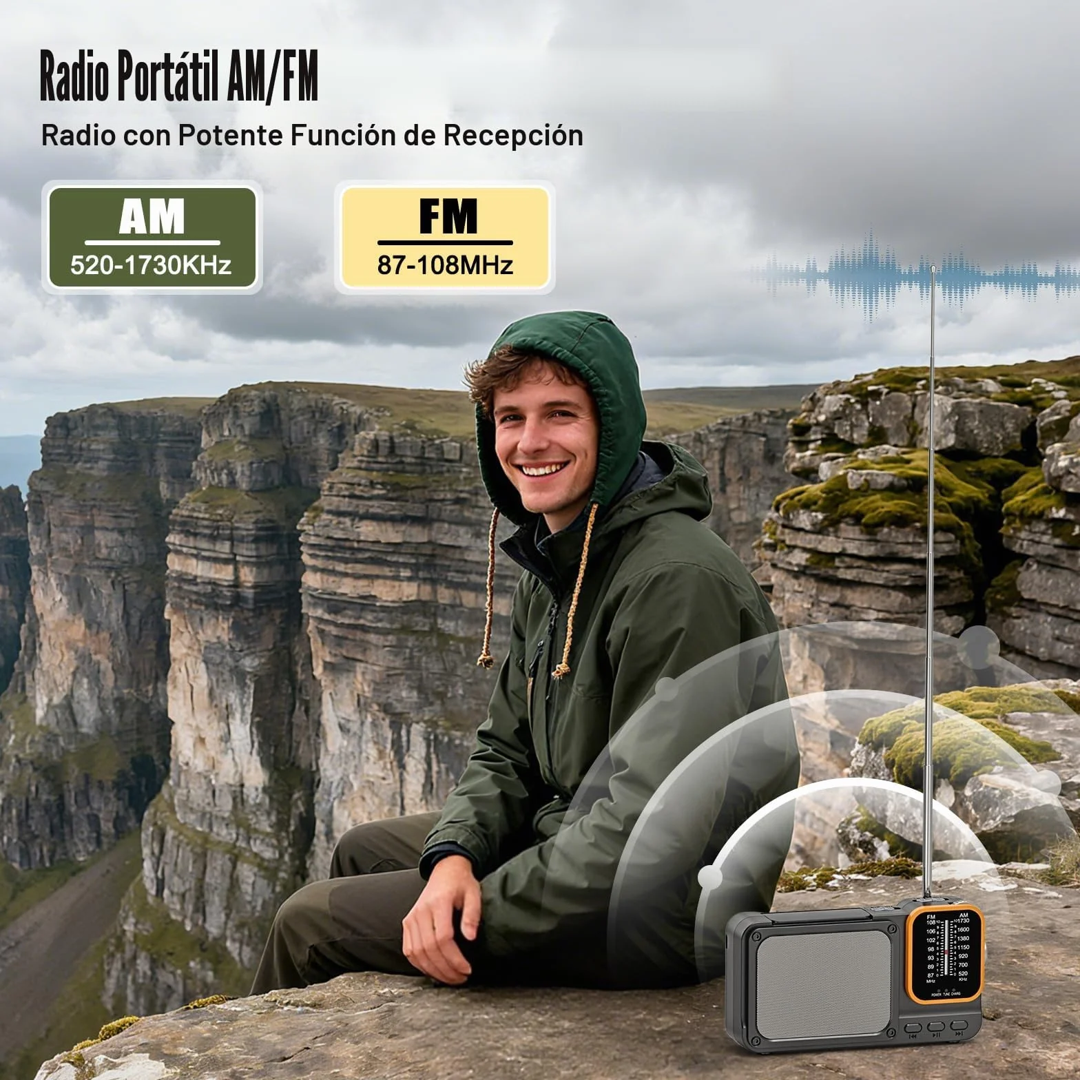 Tendak Radio portátil FM AM 2400 mAh, batería recargable, Bluetooth, TF, USB-C, lámpara