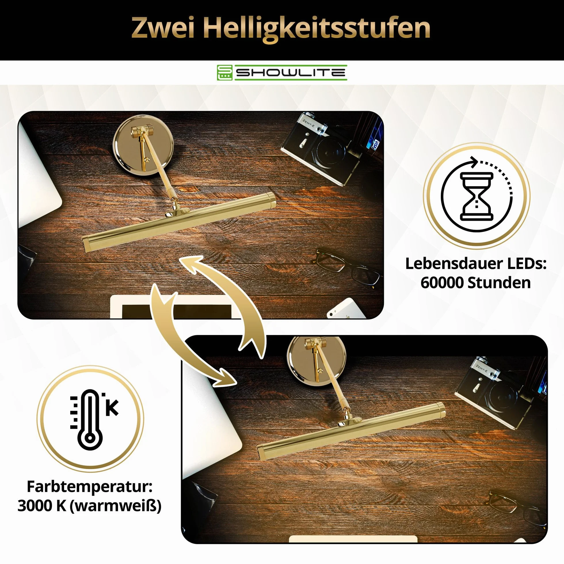 Showlite Lámpara de Piano LED PL-1-GD-WW - Lámpara para piano con 15 LEDs - luz blanco cálido en 2 niveles - 36 cm de altura - funcionamiento por USB, corriente o batería - oro brillante