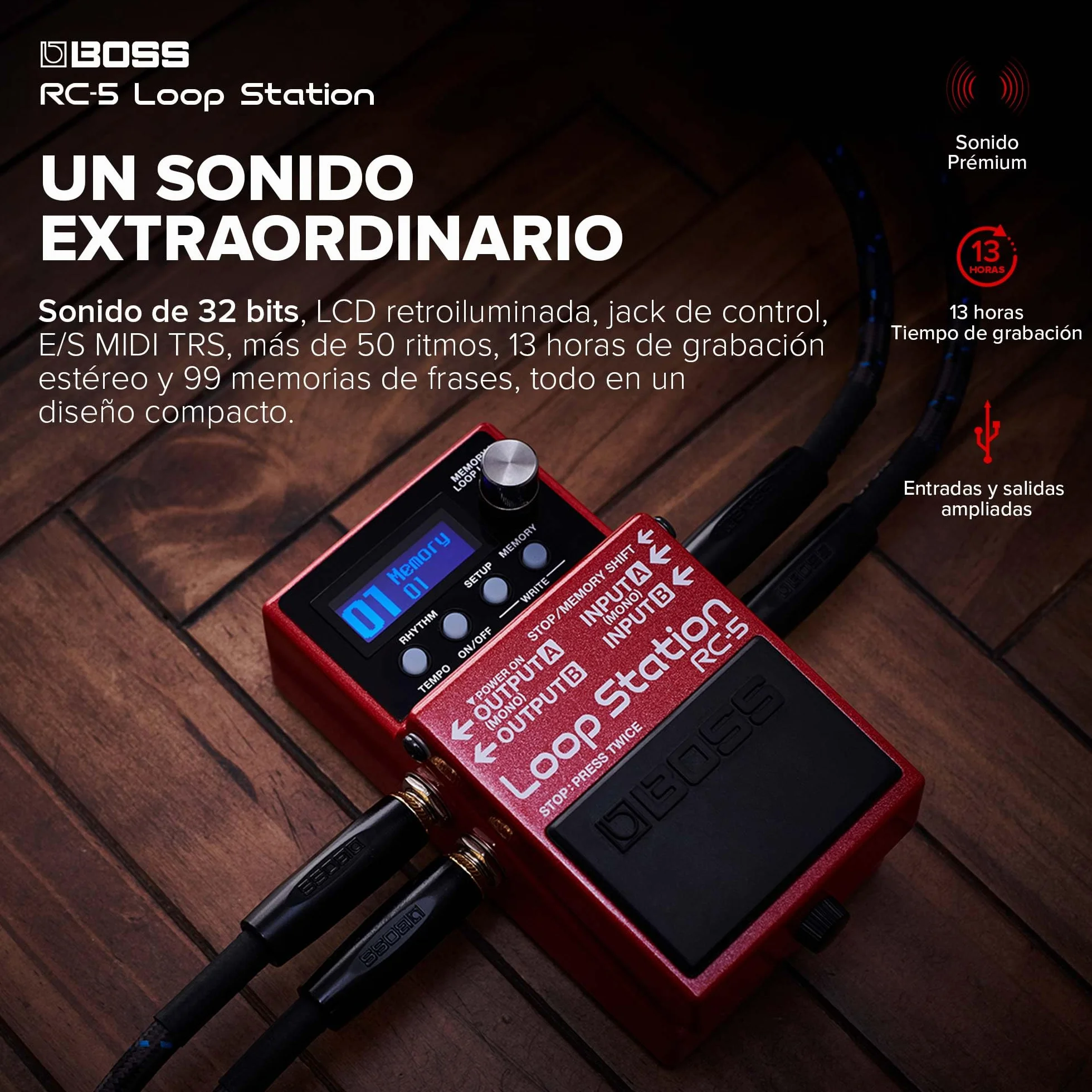 BOSS RC-5 Loop Station — moderne, compacte looper met eersteklas geluidskwaliteit, 99 zinherinneringen, 57 ritmes en optionele MIDI-bediening. Perfect voor gitaar, bas, elektroakoestisch