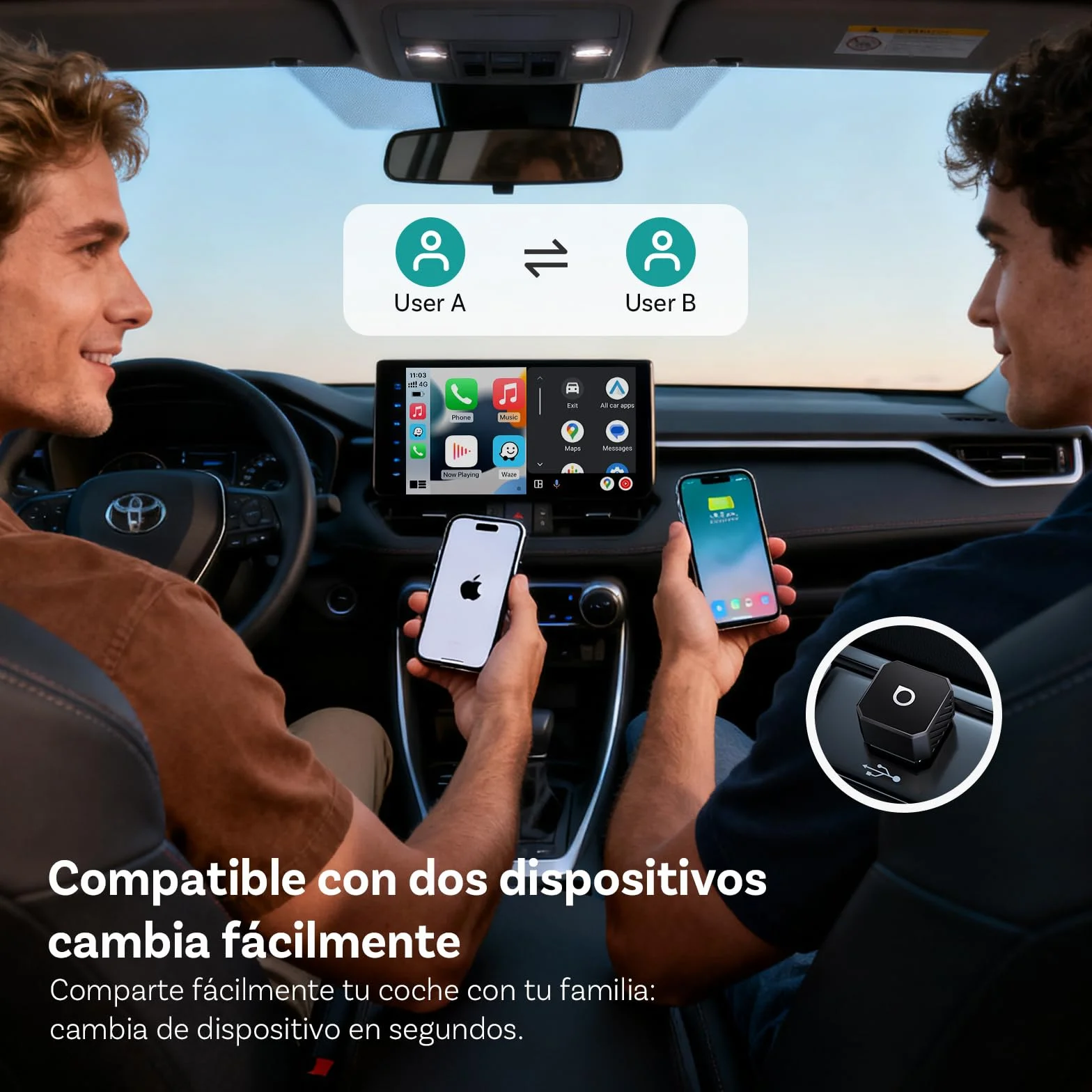 OTTOCAST Mini Pot 2026, Adaptador inalámbrico 2 en 1 para CarPlay y Android Auto, Compatible iOS 10+/Android 11+ y Coches con Carplay Desde 2016, Plug & Play, USB-A/Tipo C, Actualización OTA, Negro