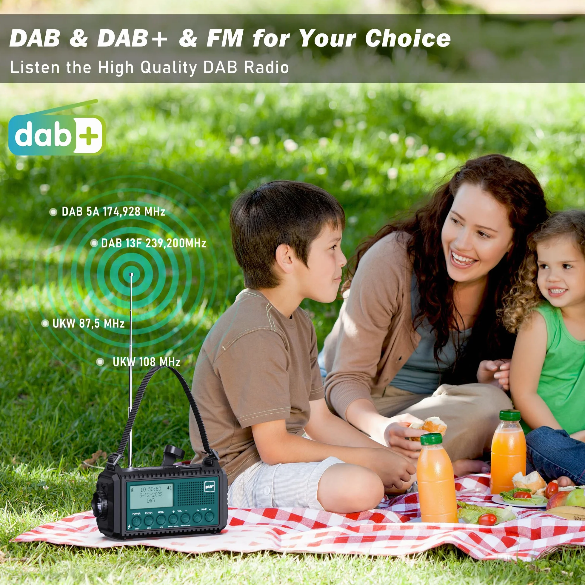Radio de Manivela Dab+/Dab/FM con Batería Recargable 5000 mAh, Linterna y Carga USB, Alarma SOS