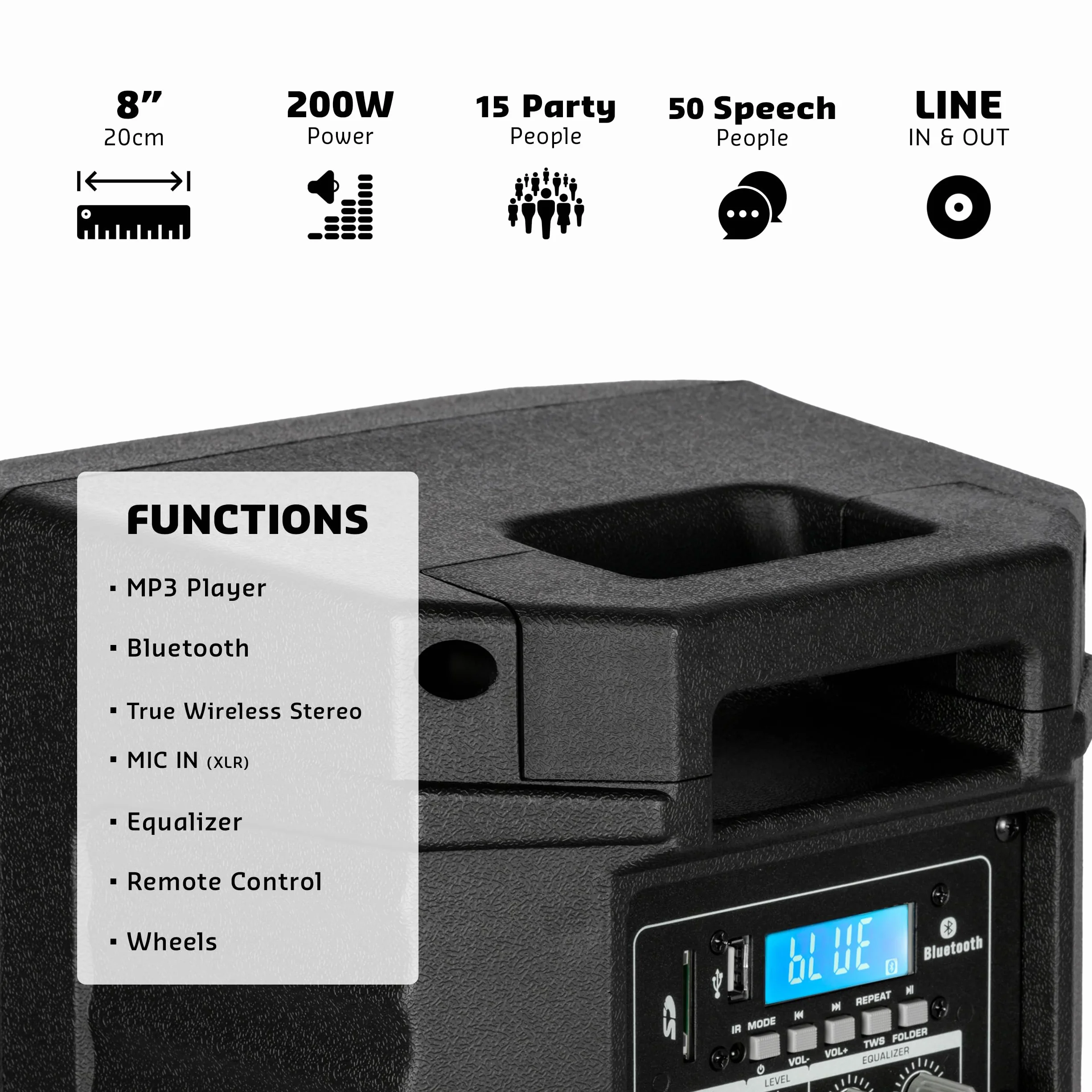 Ibiza - XTK8A-MKII - Altavoz Activo Sono de 8"/20cm - Tweeter de compresión de 25mm - Sistema Bass Reflex - USB, SD, Bluetooth - TWS - Mango y Ruedas - Nueva VERSIÓN - Fiesta, Eventos, Karaoke